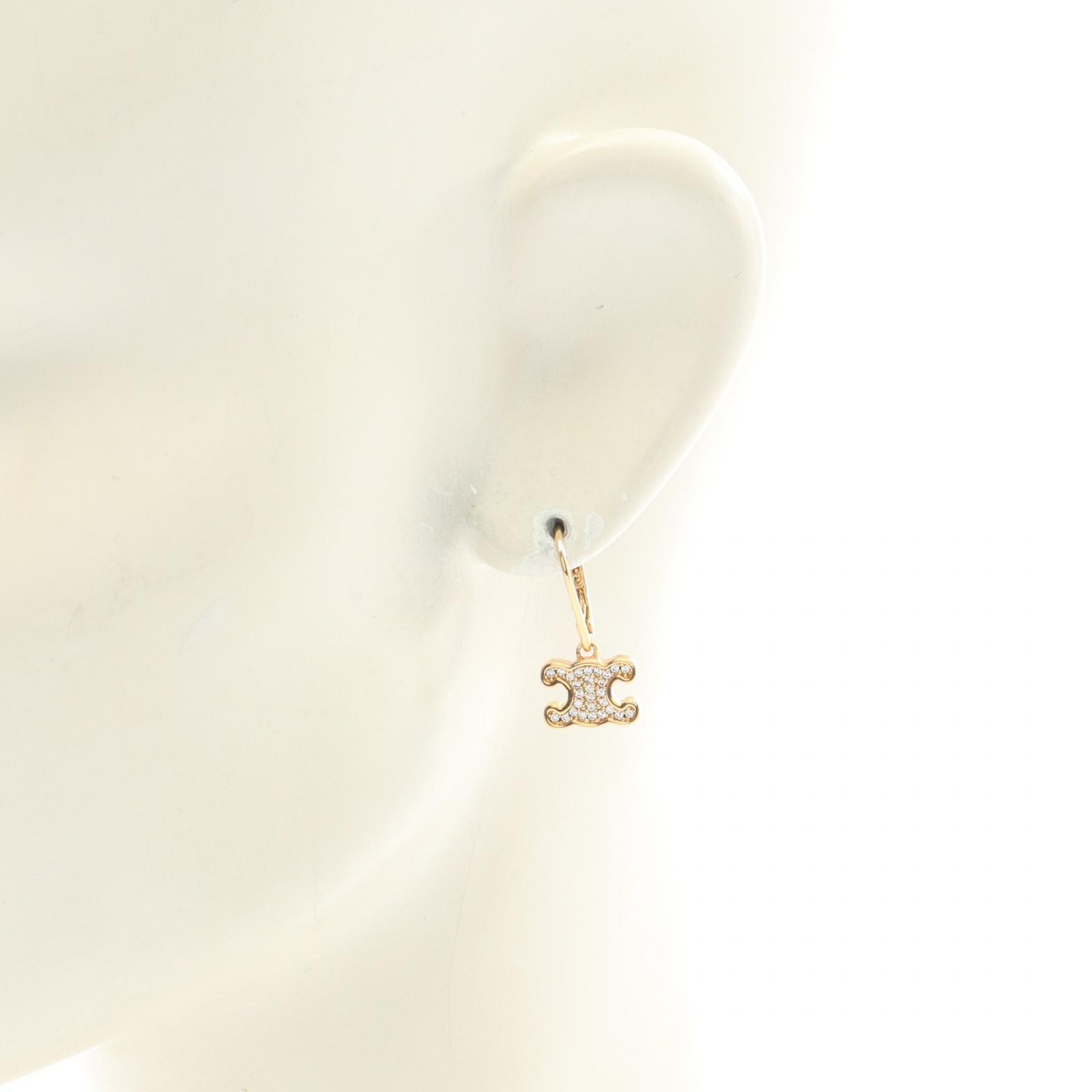CELINE Triomphe Pierced Earrings Gold Plated Rhinestone NEW Women