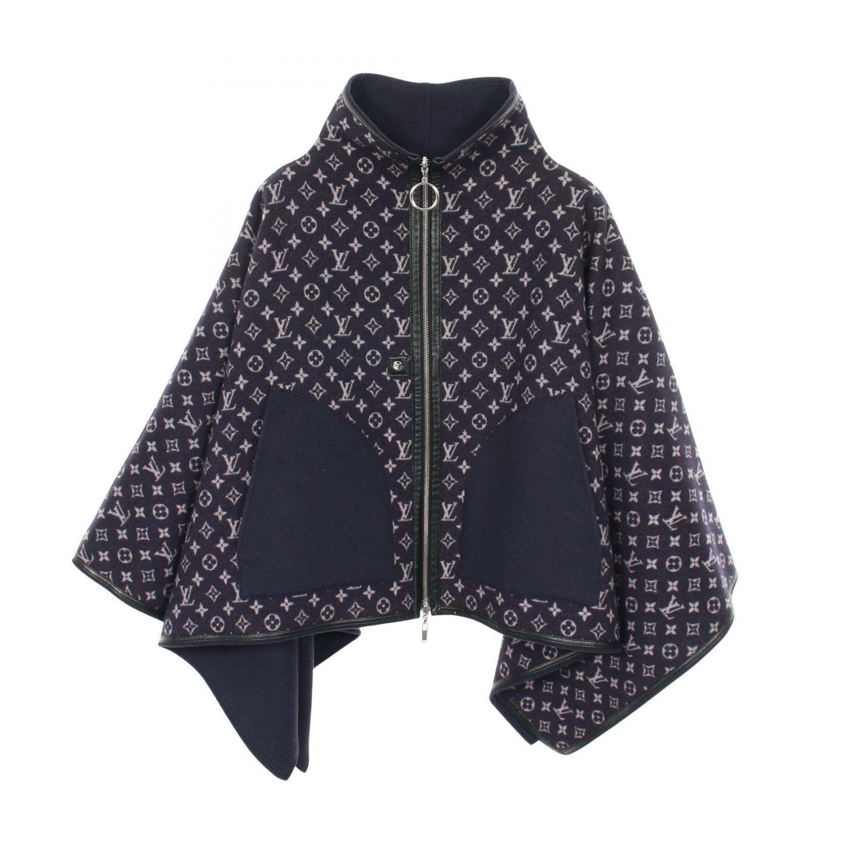 LOUIS VUITTON Monogram poncho #34 reversible wool Navy Used Women