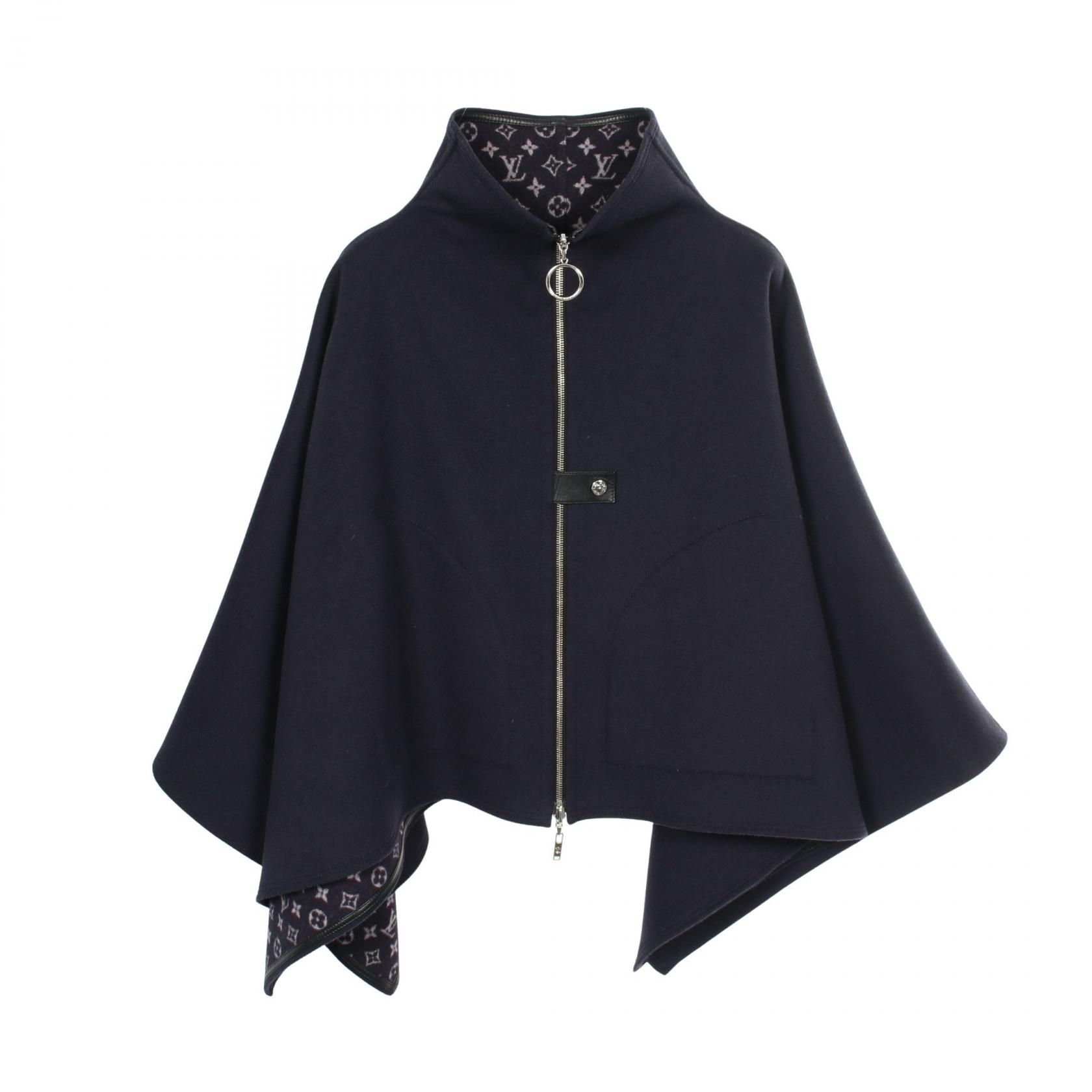 LOUIS VUITTON Monogram poncho #34 reversible wool Navy Used Women