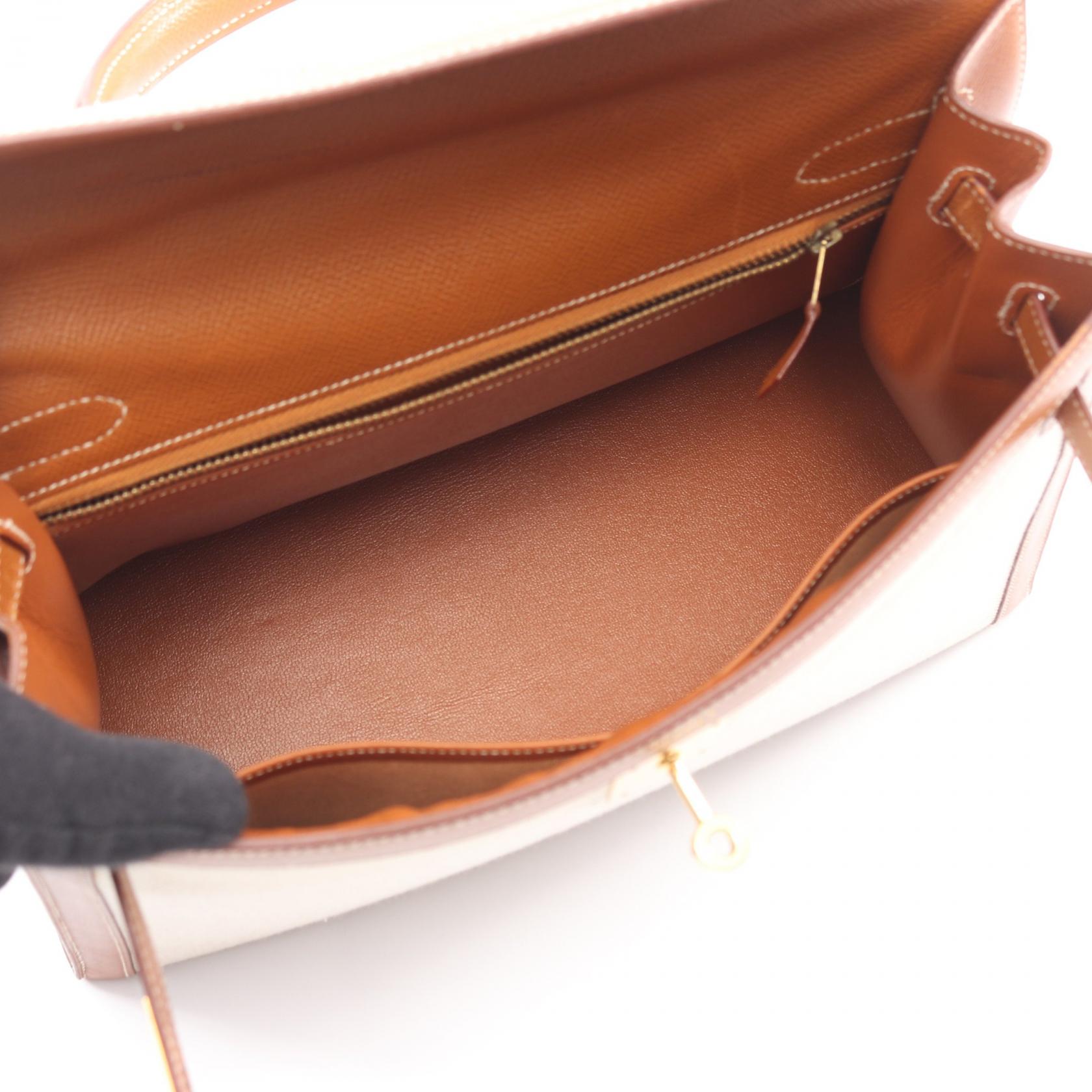 HERMES Kelly 32 Shoulder Handbag Toile H canvas leather Ecru Gold