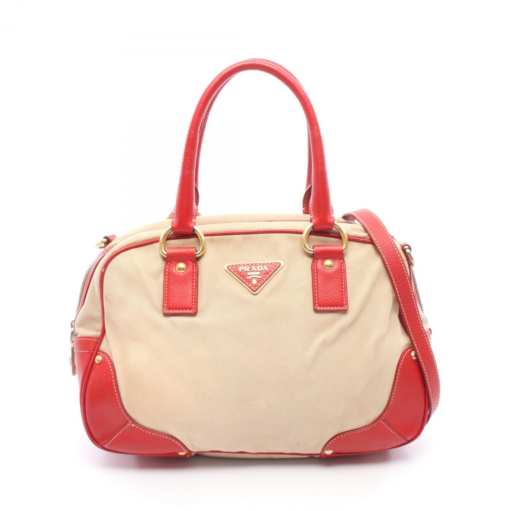 PRADA Shoulder Crossbody Handbag BL0713 canvas leather Beige Red