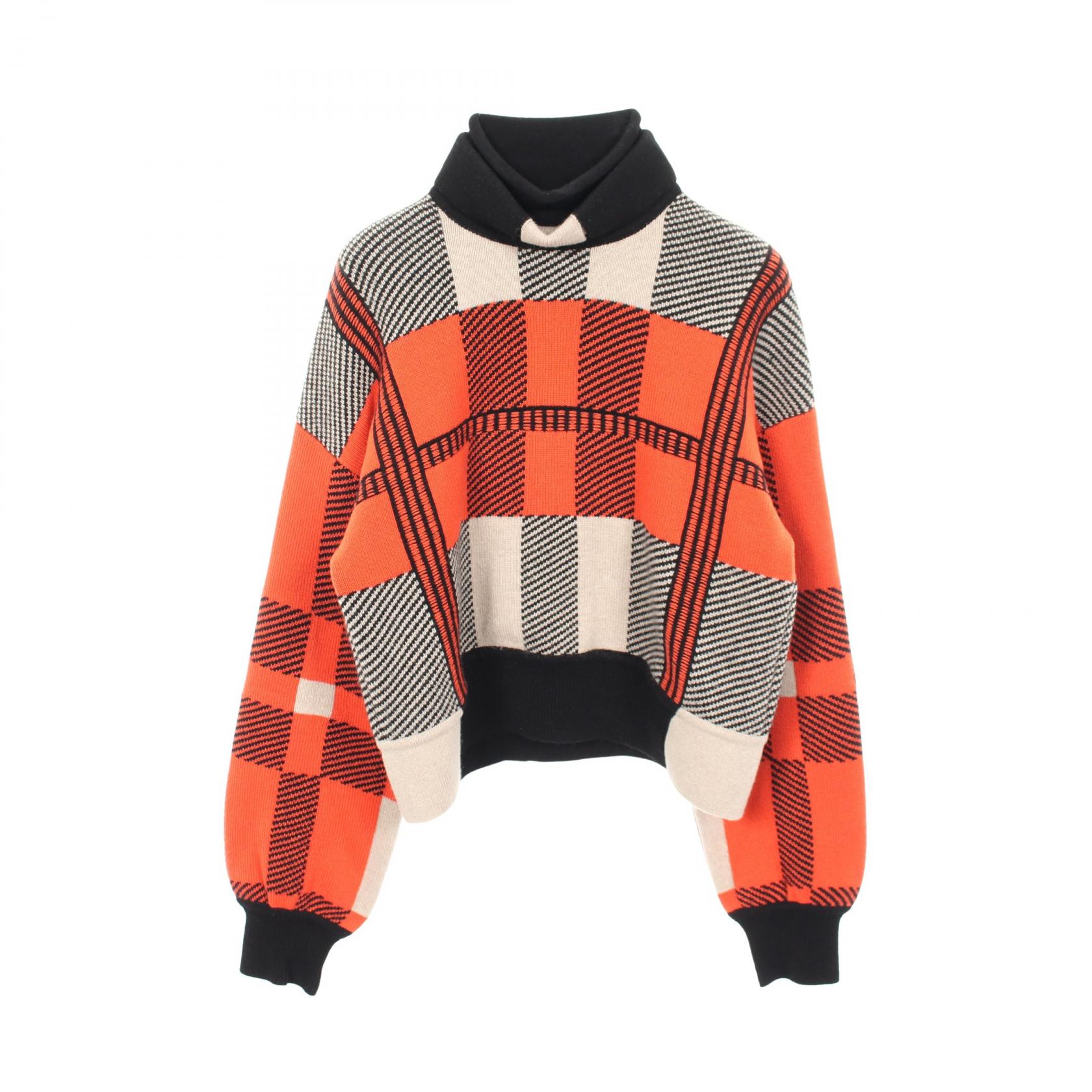HERMES チェック柄ニット 48 HERMES Checkered high neck knitwear sweater #38 cashmere Black
