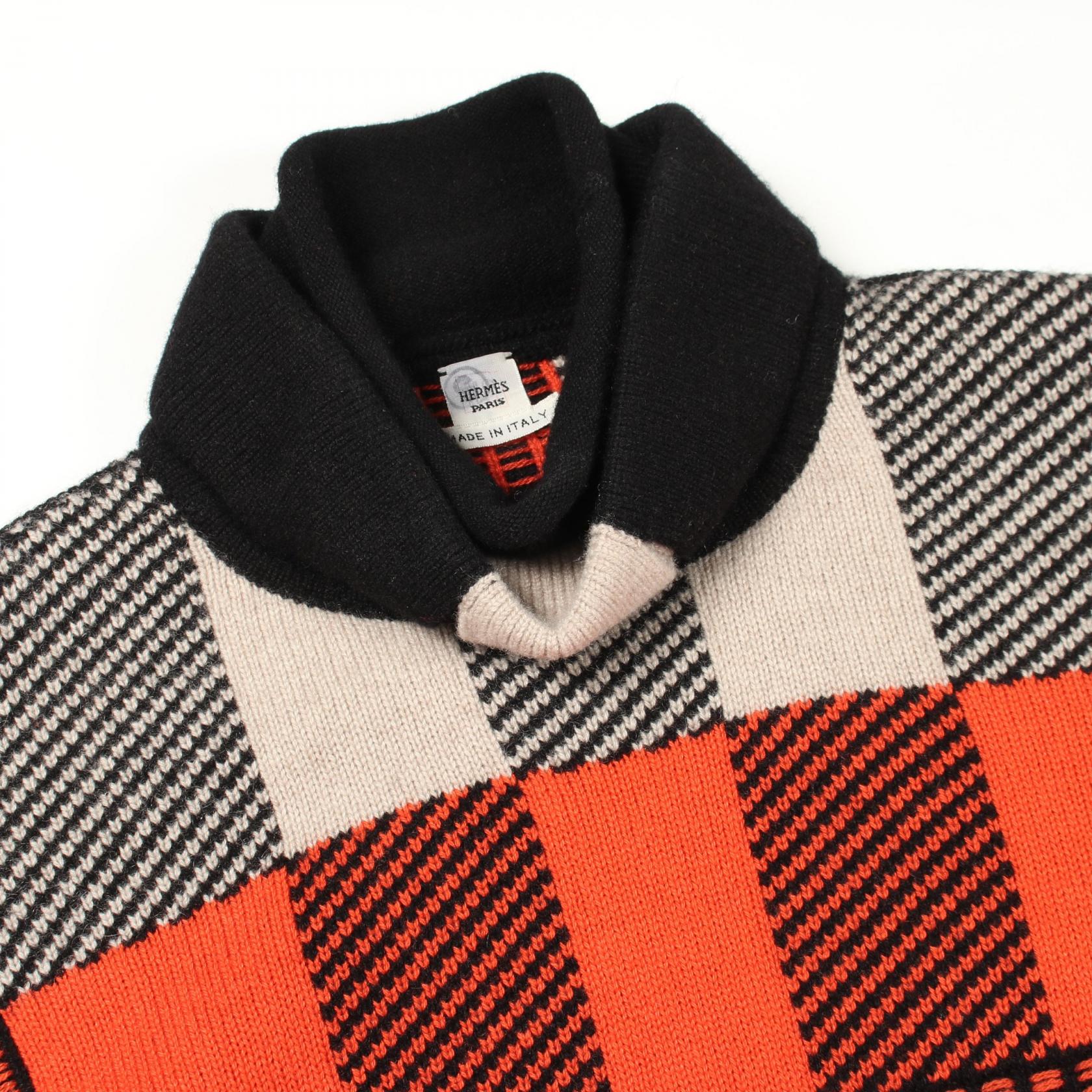 HERMES Checkered high neck knitwear sweater #38 cashmere Black
