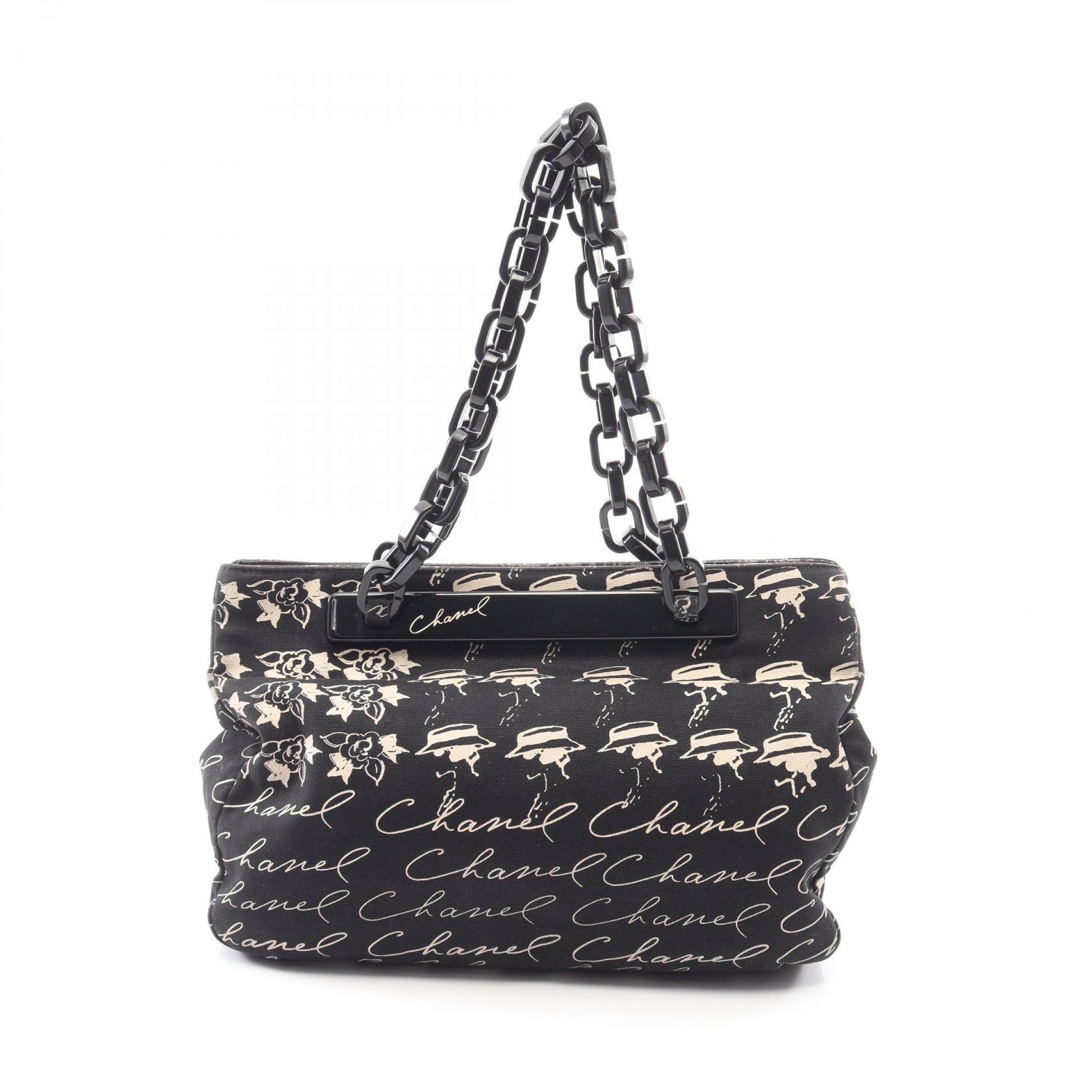 CHANEL COCO Mark Camellia Chain Tote Bag canvas Black Hardware