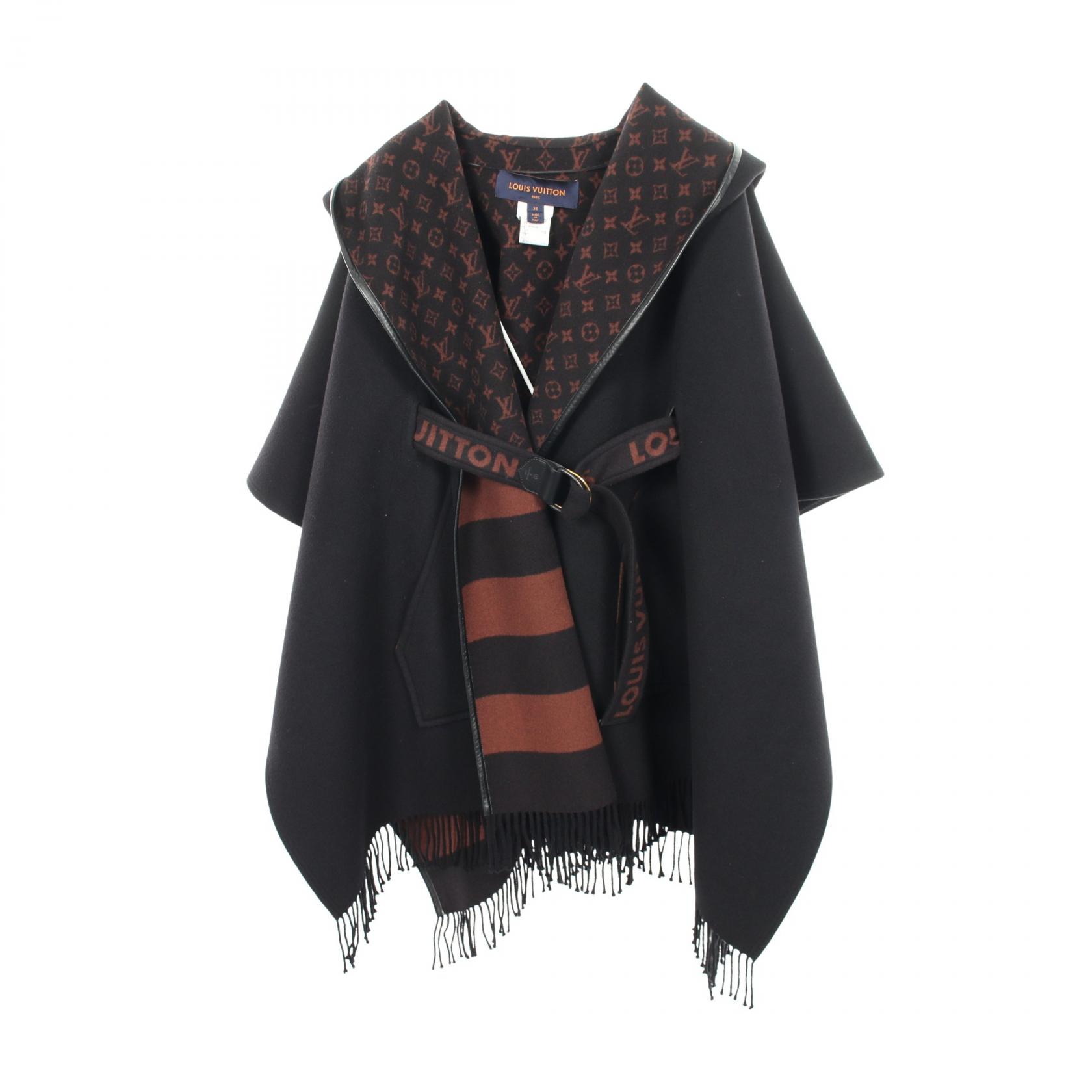 LOUIS VUITTON Hooded wrap cape coat Monogram lining #34 poncho