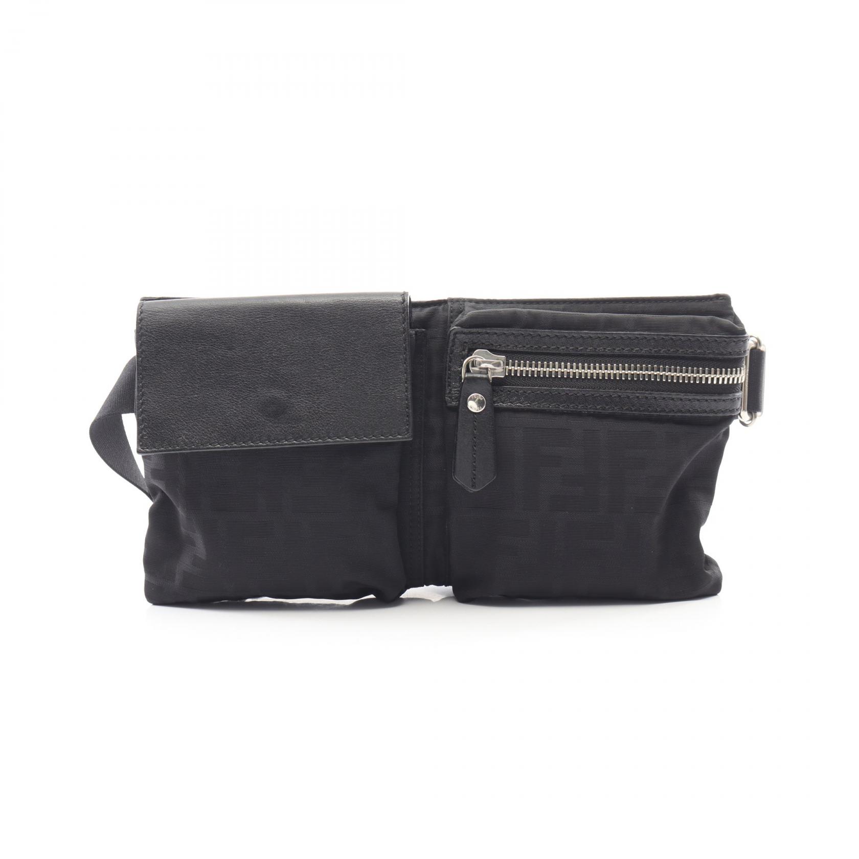 複数割-1200★F80/フルバックL×7セット✨ FENDI Zucca Belt Waist Bum Bag 7VA280 Nylon leather Black Used