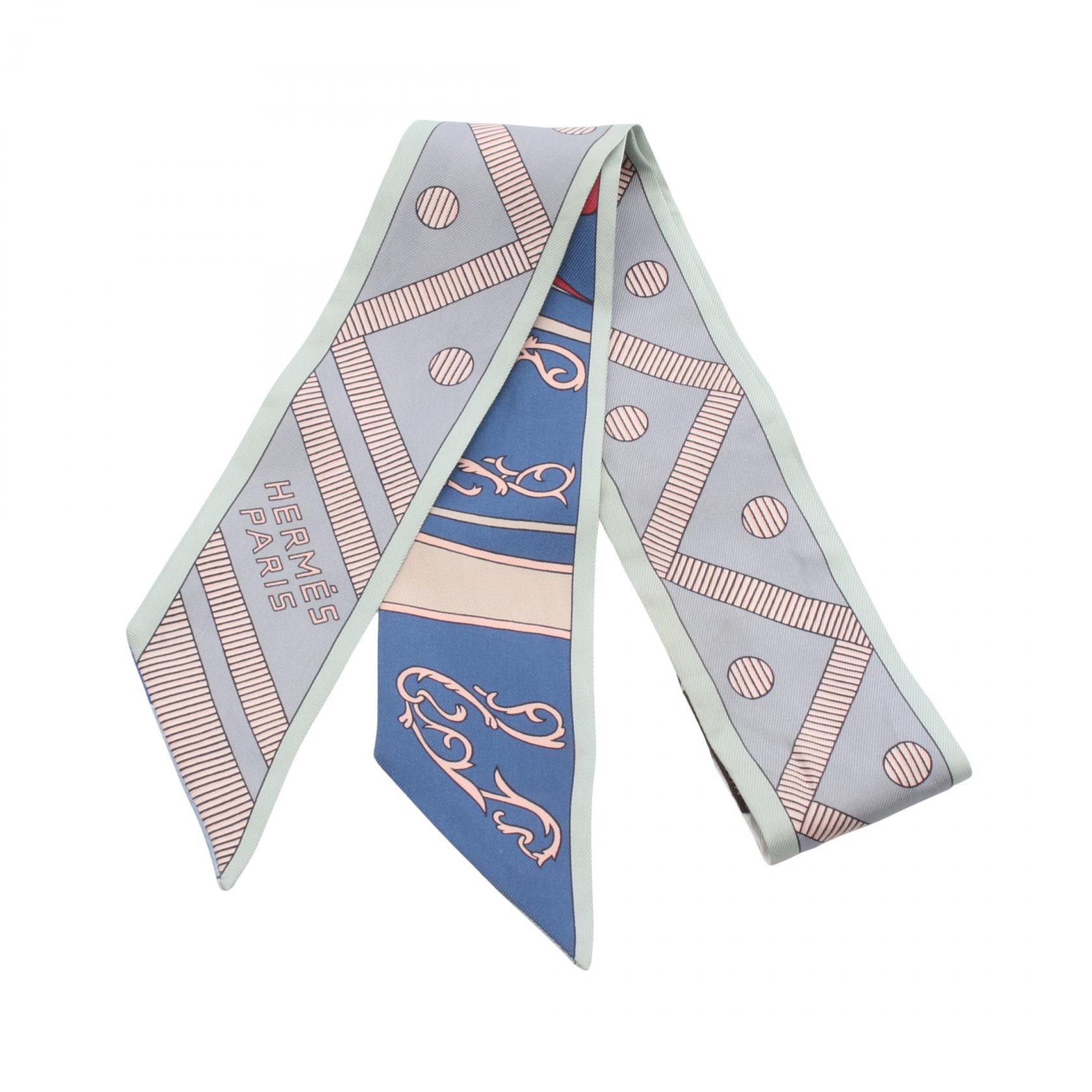 Hermes Blue and White Twilly Scarf Hermès Blue Ribbons Silk Twilly Scarf - Vintage Lux main image 4