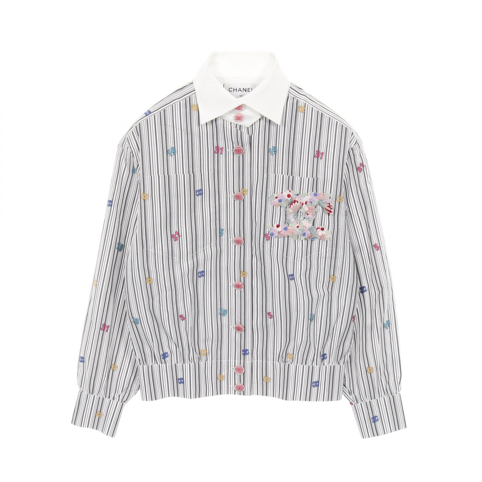 CHANEL Flower COCO Mark Striped Shirt blouse P73926V65463 cotton