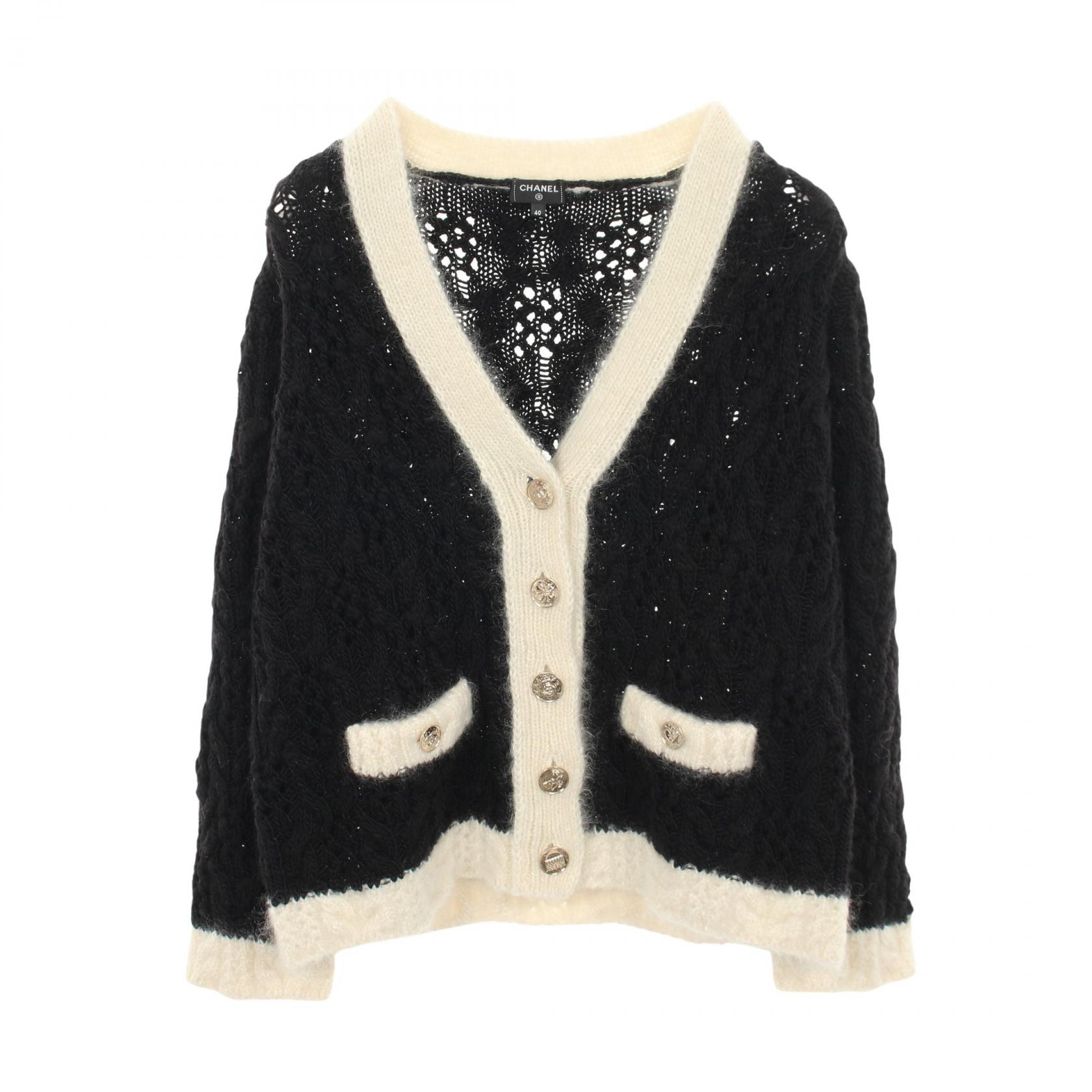 CHANEL COCO Mark Button Cable Knitwear Cardigan #40 wool silk