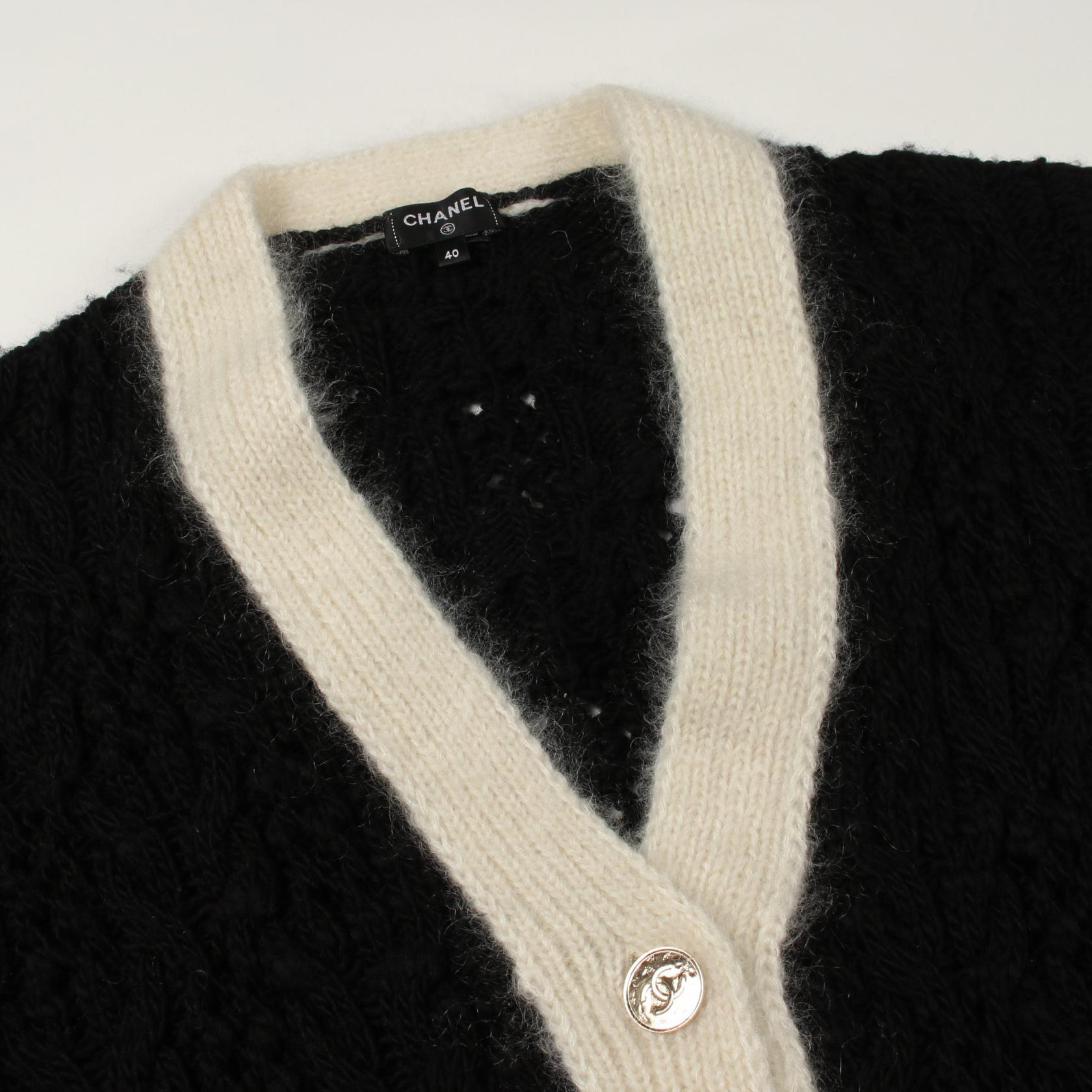 CHANEL COCO Mark Button Cable Knitwear Cardigan #40 wool silk