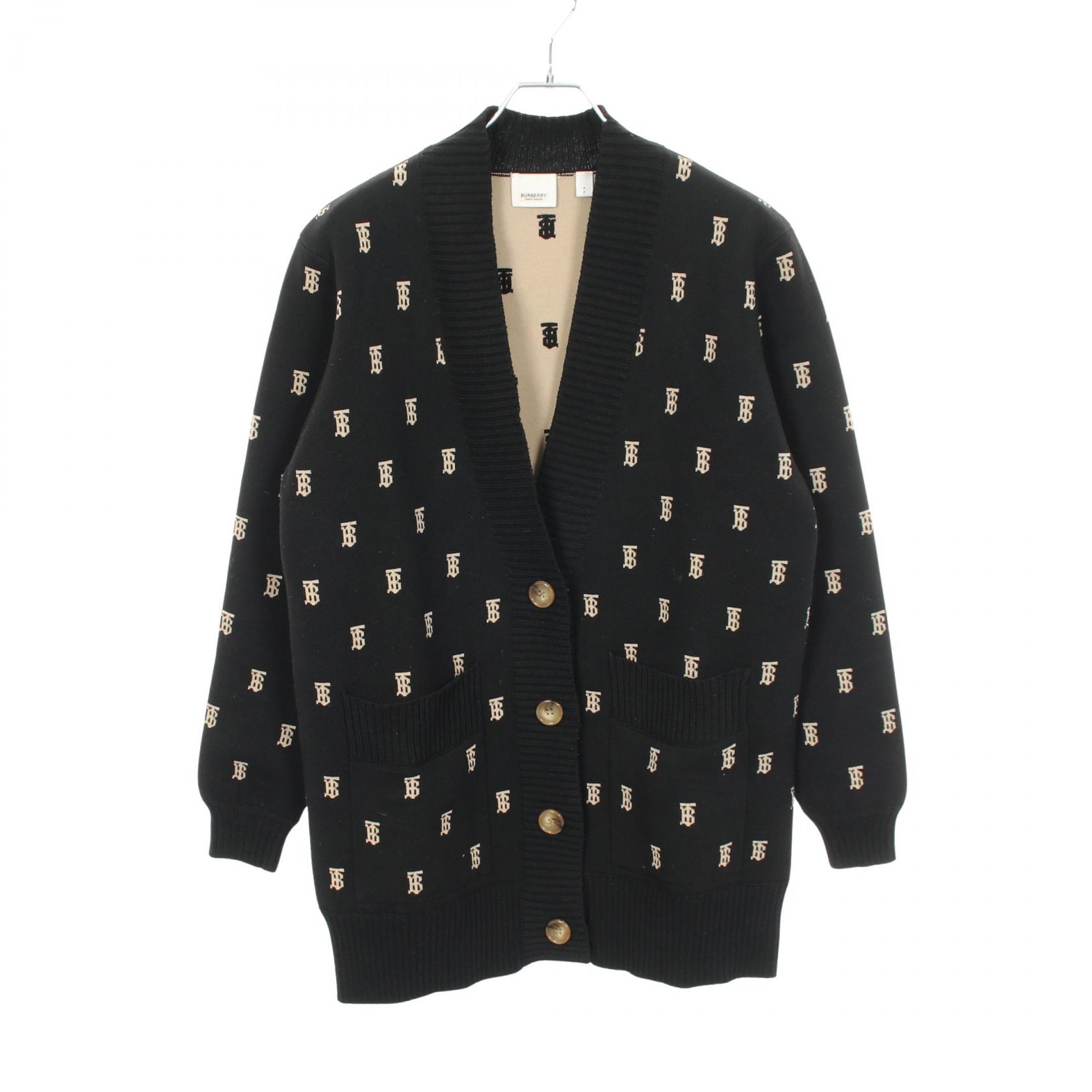 BURBERRY TB Logo V-Neck Cardigan Knitwear 8021032 Wool Black Beige