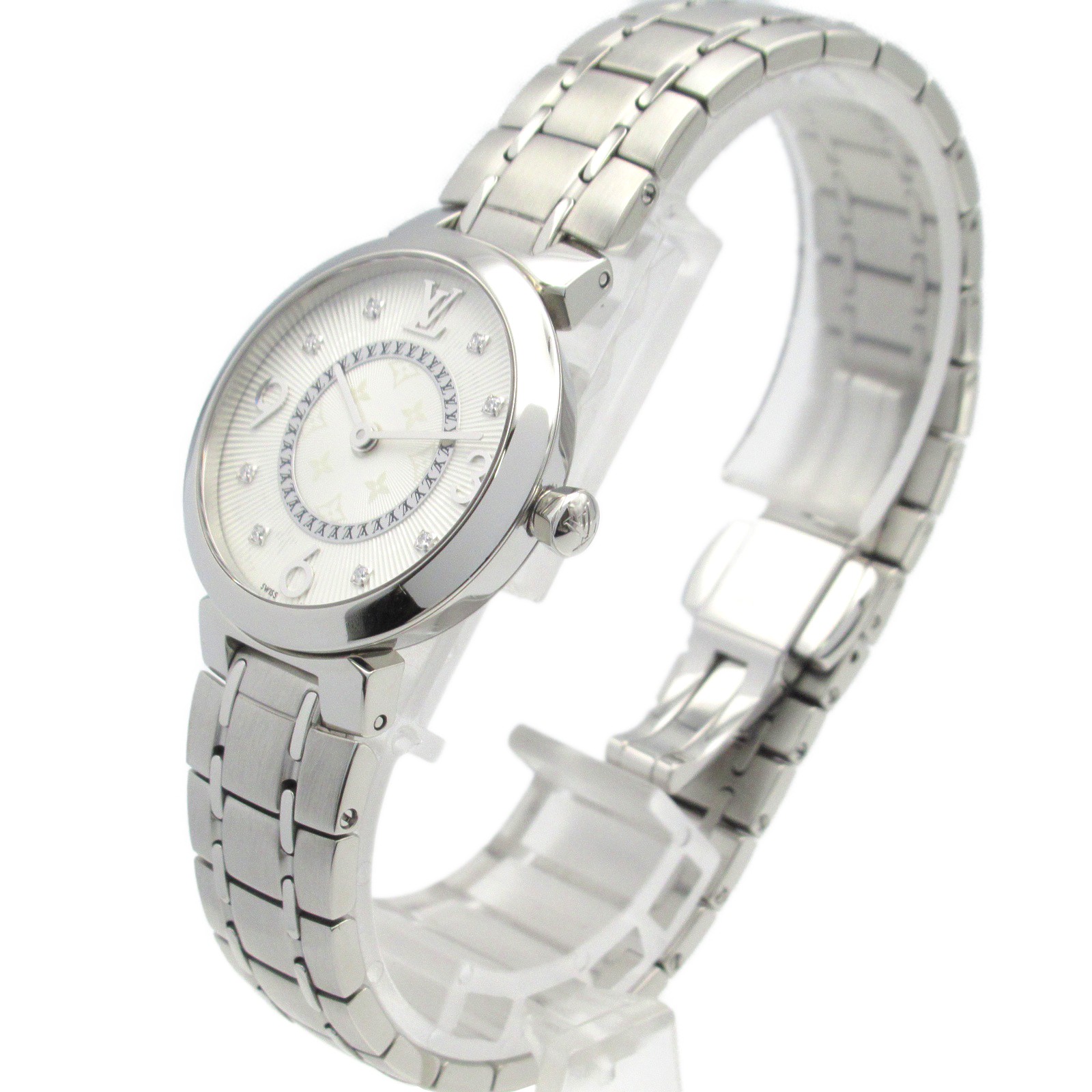 LOUIS VUITTON Tambour 8P Diamond Wrist Watch Q12MG Quartz SS 