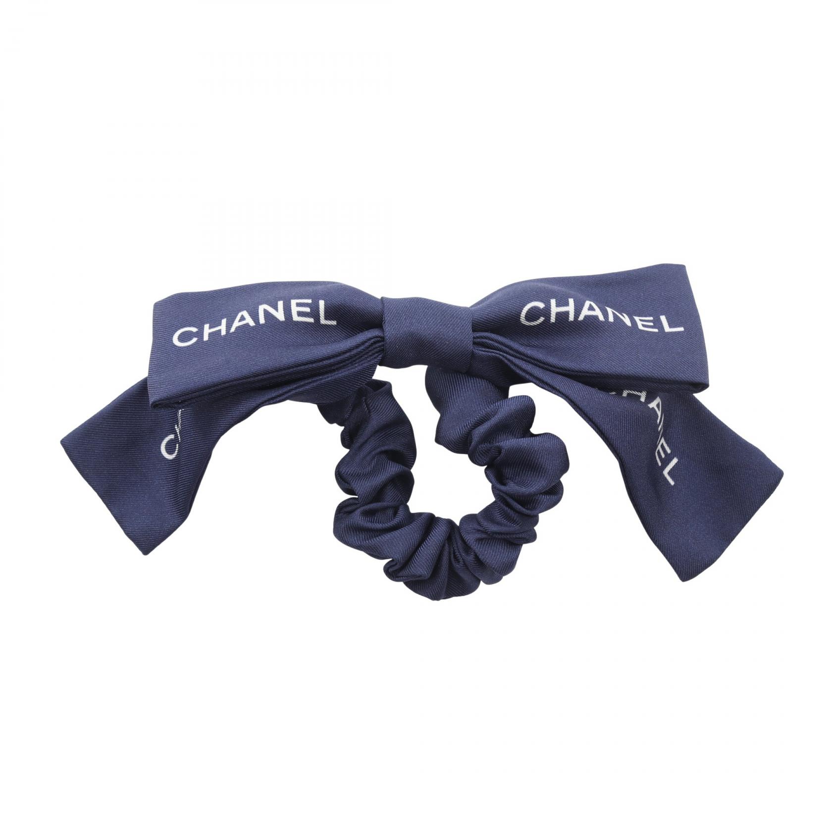 CHANEL Logo Ribbon Scrunchie Hair accessary Silk Navy Used 