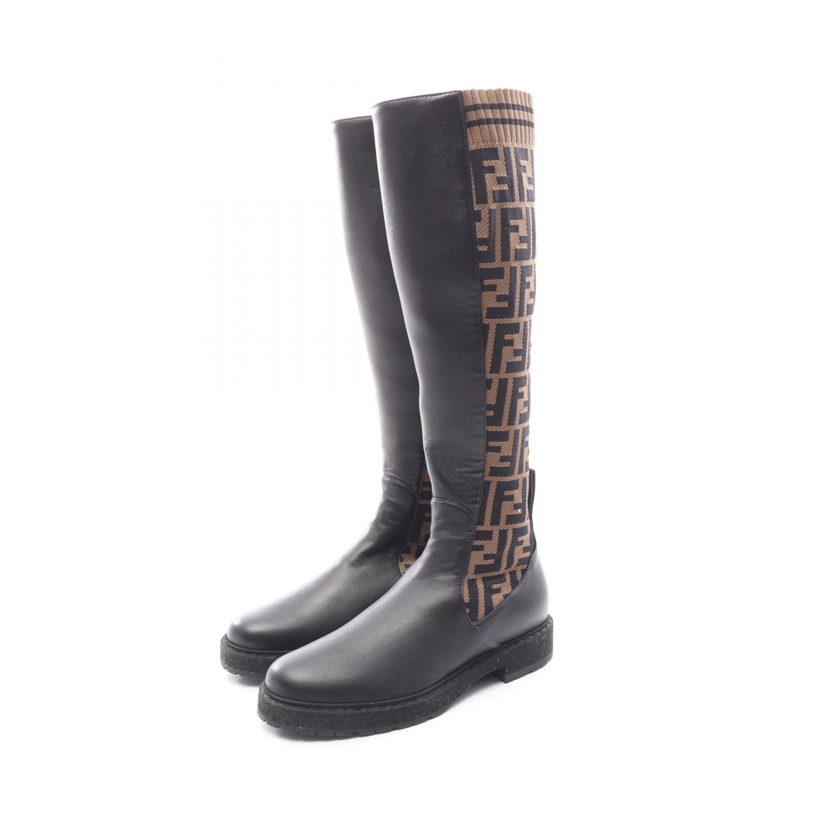 FENDI Zucca Long Boots Shoes #35 leather Fabric Beige Black Used