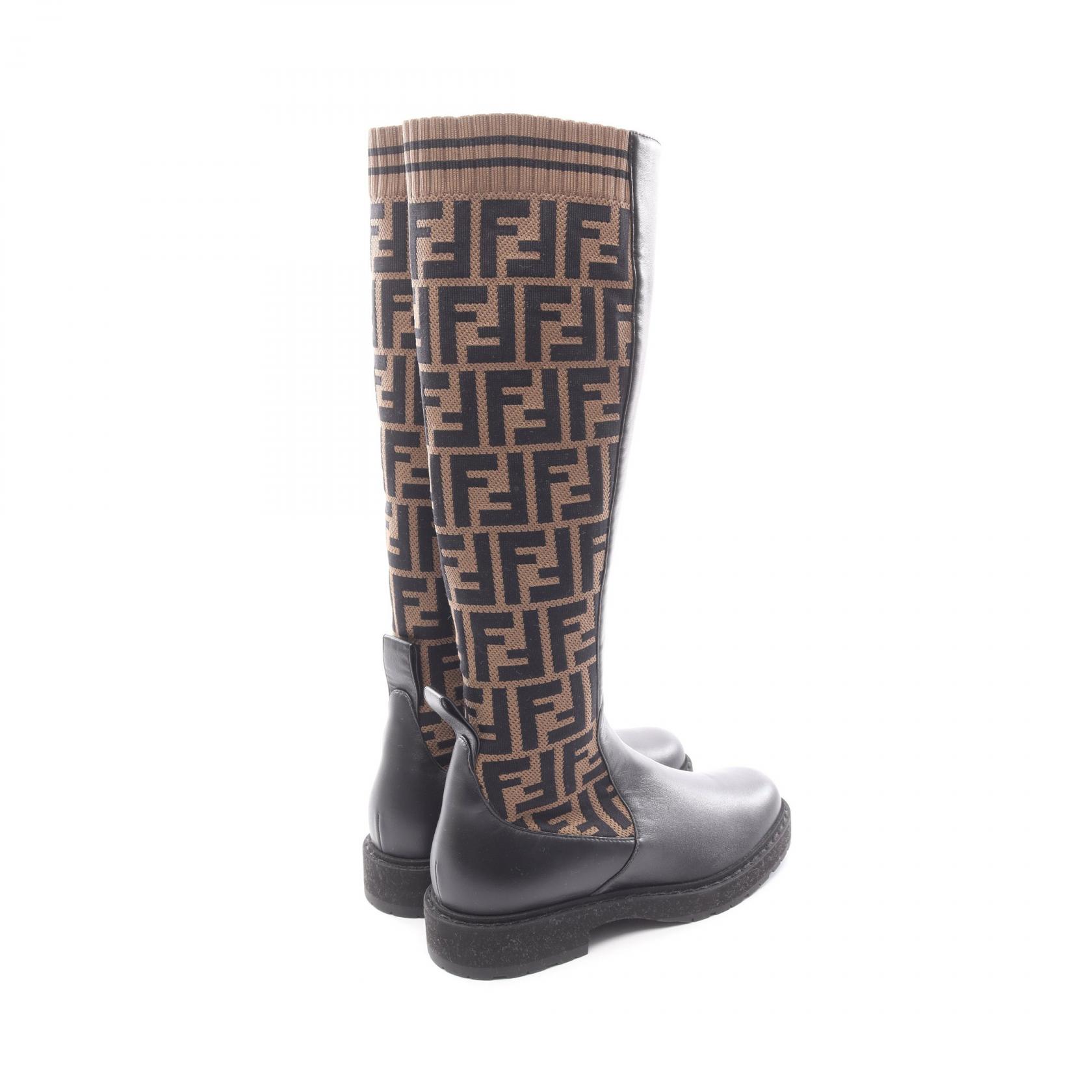 FENDI Zucca Long Boots Shoes #35 leather Fabric Beige Black Used