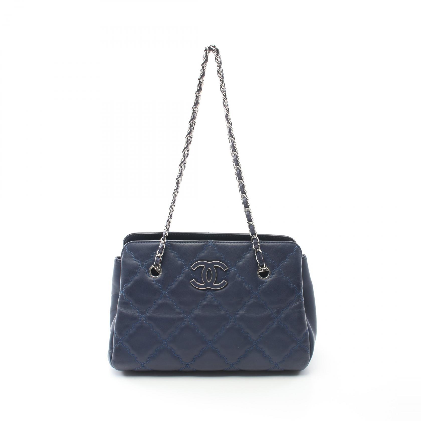 CHANEL Ultra stitch Tote chain shoulder Bag Lambskin Navy Used SHW