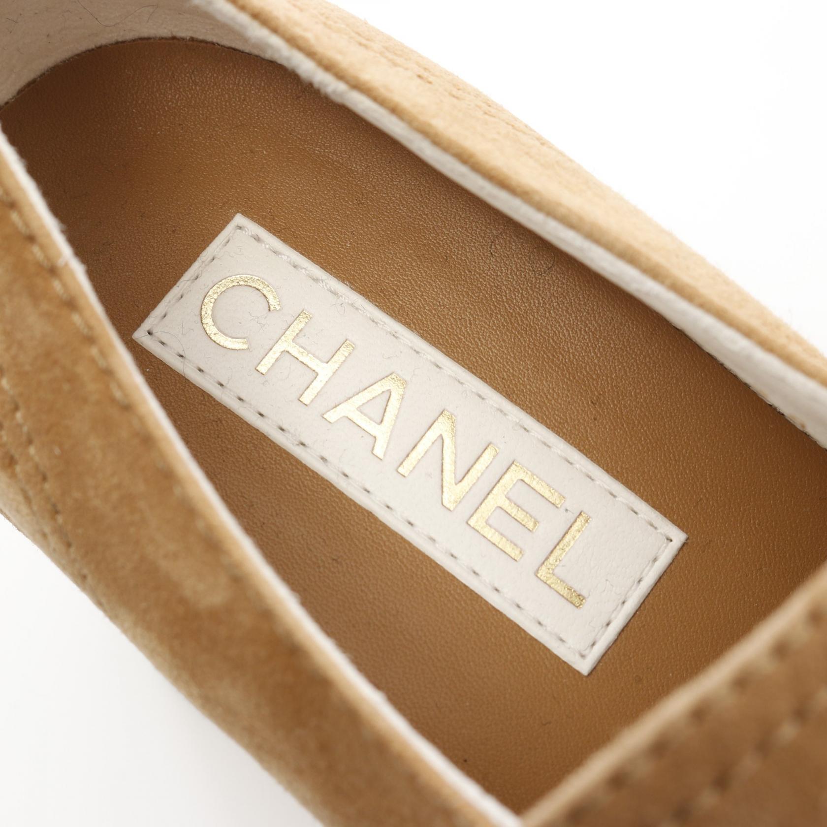 CHANEL COCO Mark loafers shoes #38 heels G45142 Suede Beige