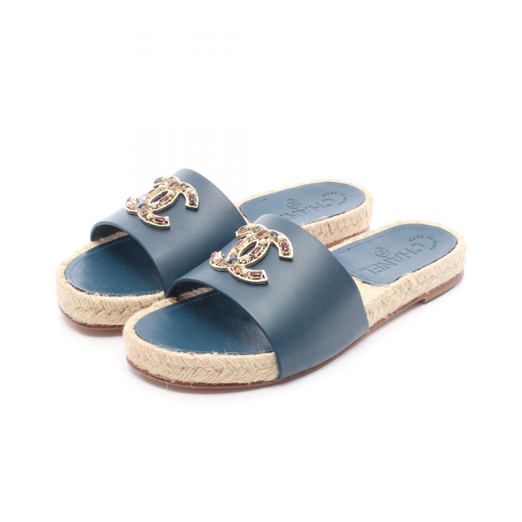 CHANEL COCO espadrilles Sandals G32607 leather Raffia Blue Beige