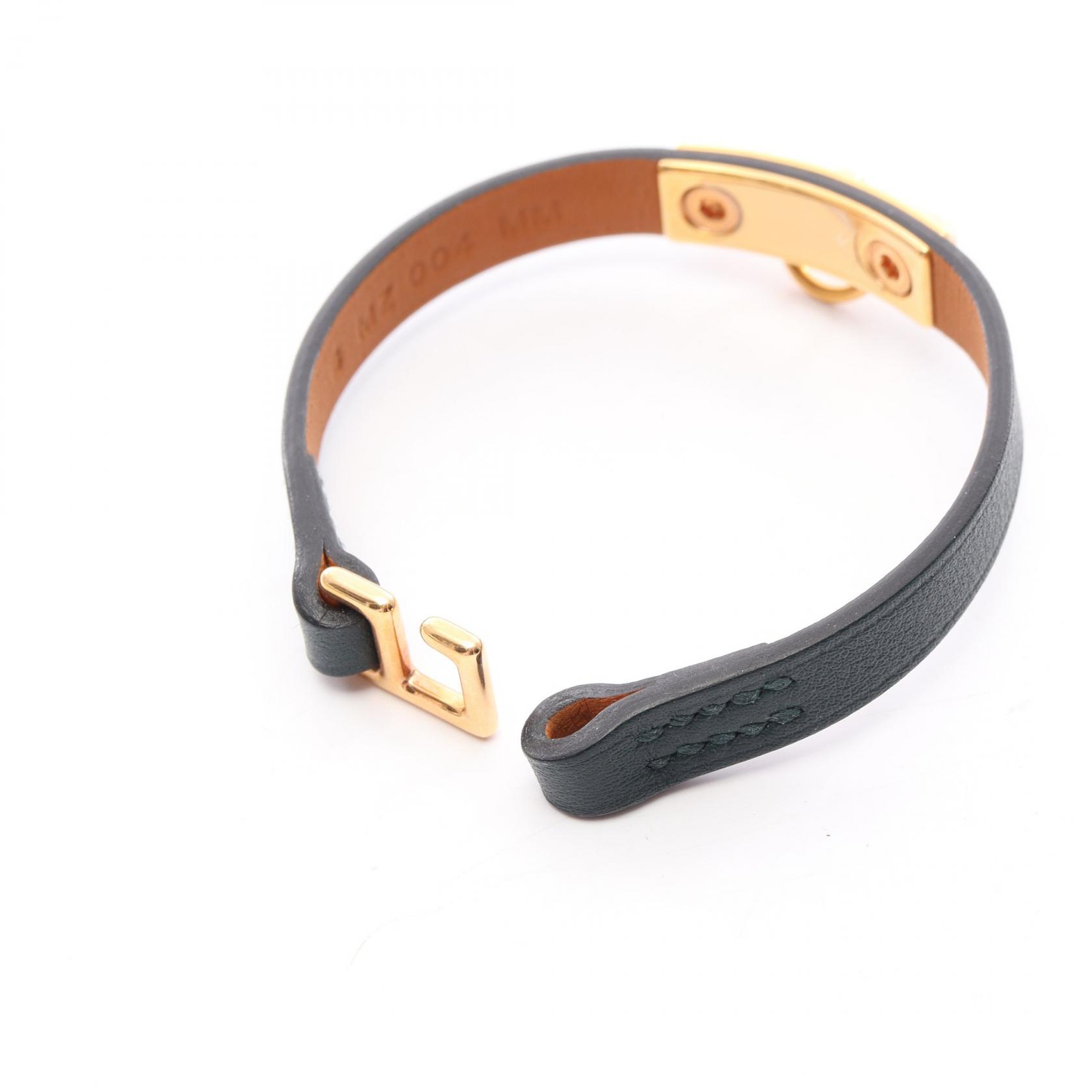 HERMES Micro Rival Bracelet Bangle leather Gold Plated Green Used