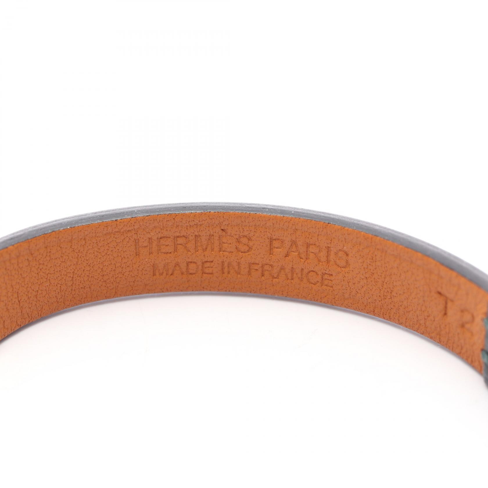 HERMES Micro Rival Bracelet Bangle leather Gold Plated Green Used