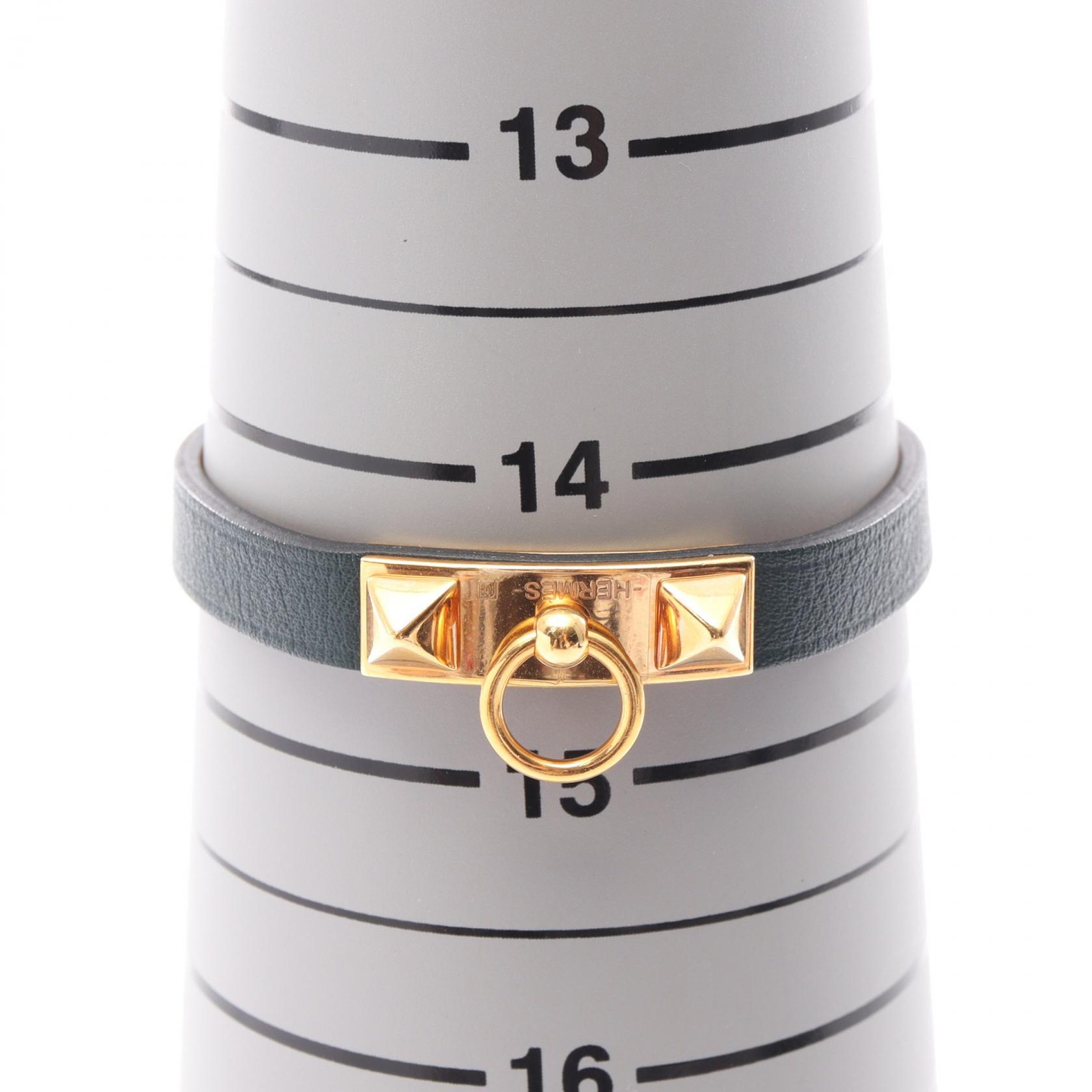 HERMES Micro Rival Bracelet Bangle leather Gold Plated Green Used