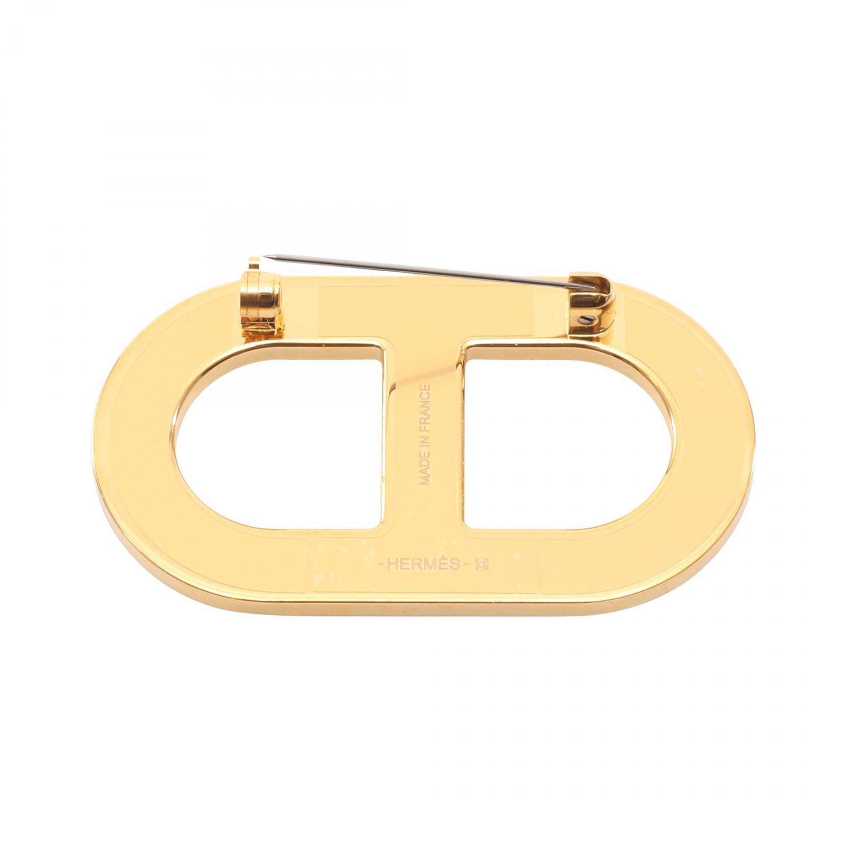 HERMES Chaine d'Ancre Brooch Pin Epsom leather Gold Plated Brown
