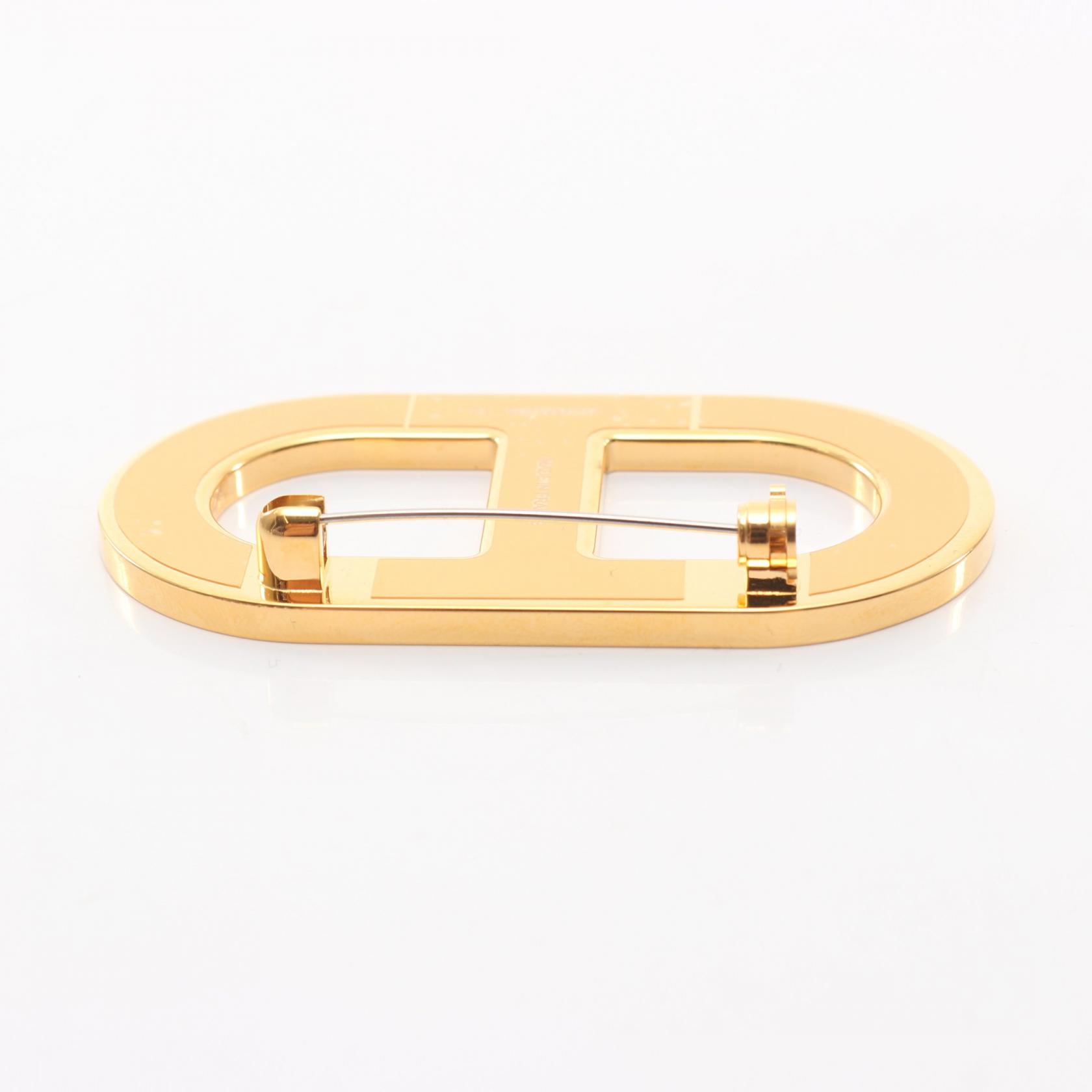 HERMES Chaine d'Ancre Brooch Pin Epsom leather Gold Plated Brown