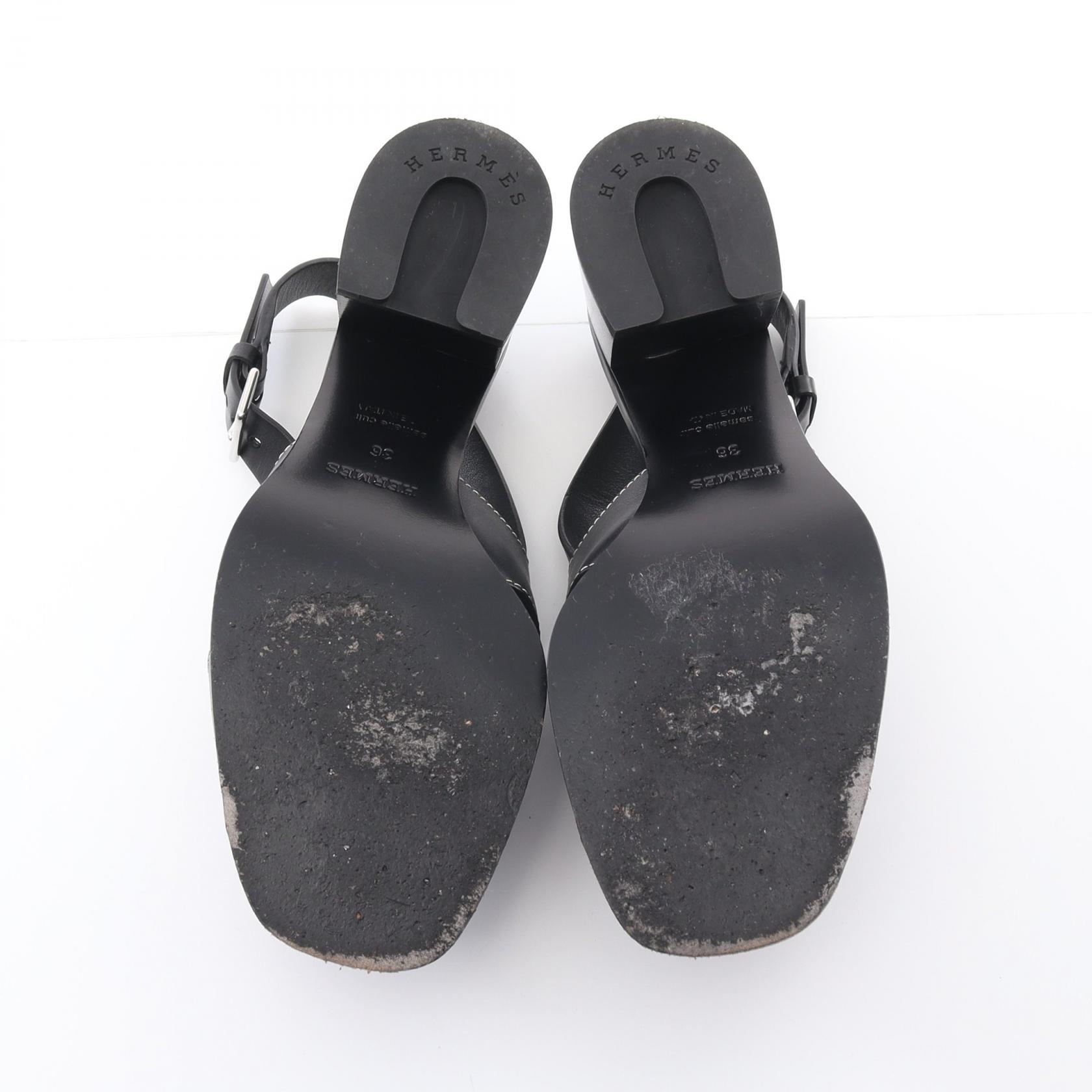 HERMES Elbe 60 Sandals heels shoes #36 221131Z leather Black