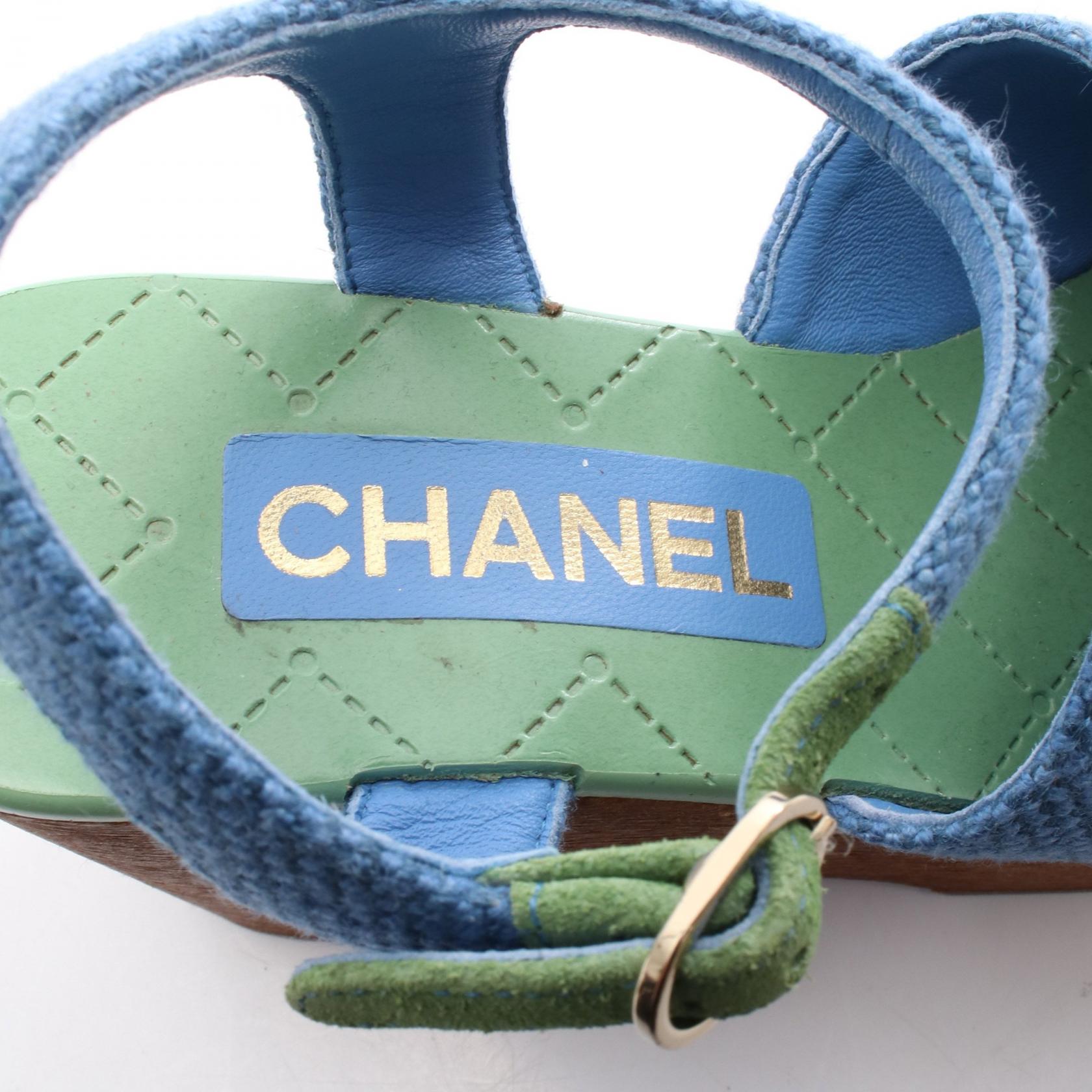 CHANEL Platform Wedge Sandals Canvas Blue Green Size 35C Used