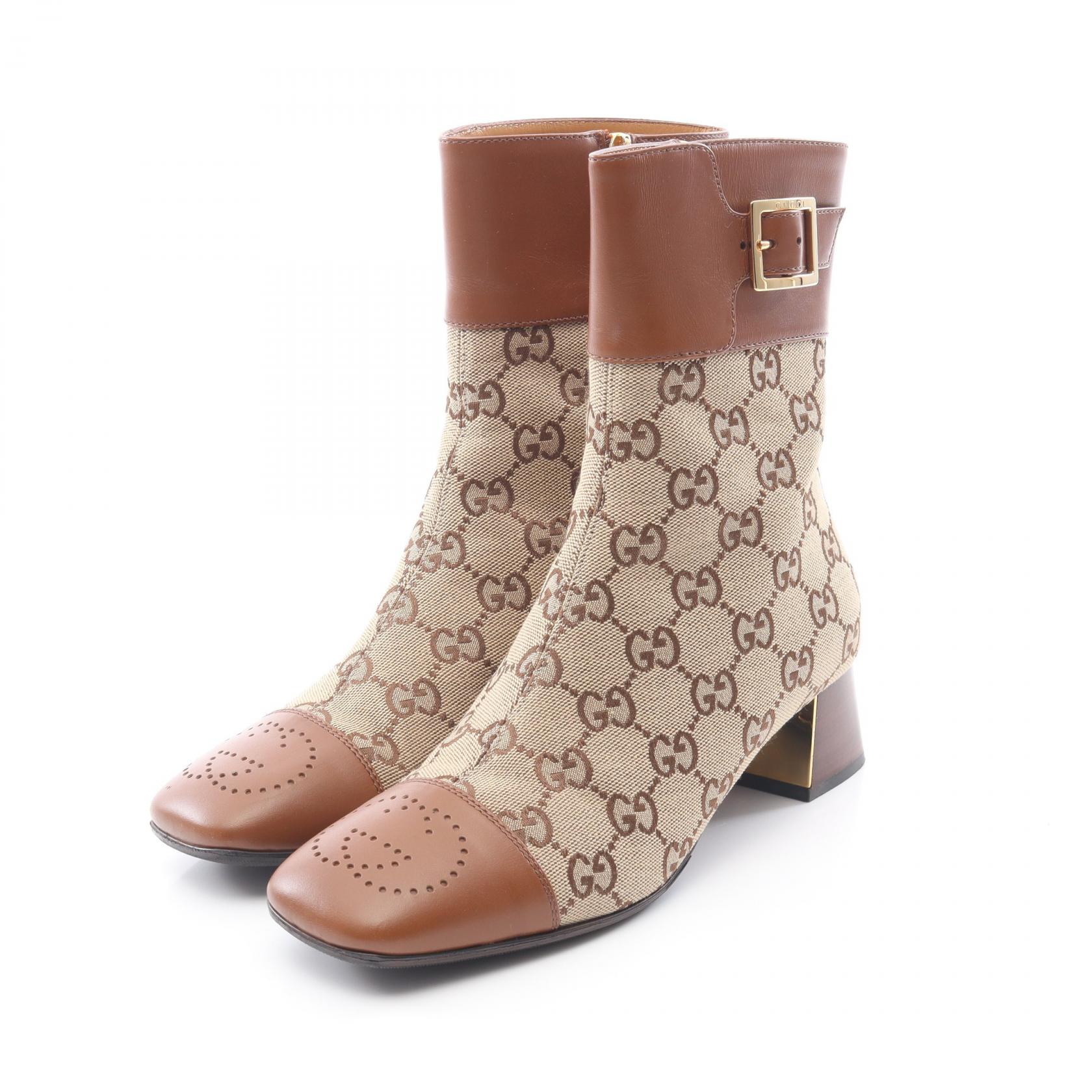 GUCCI GG Canvas Ancre Boots canvas leather Beige Brown Used Women
