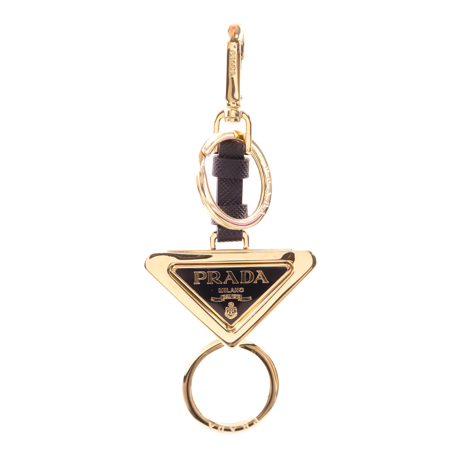 ★PRADA★ PRADA Prada key ring 1PS063 66A F019F PRADA Triangle Logo Keychain Leather Metal Black Gold 1PS059