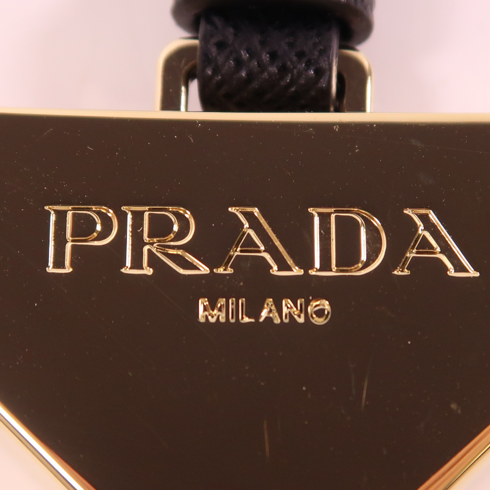 PRADA Triangle Logo Keychain Leather Metal Black Gold 1PS059