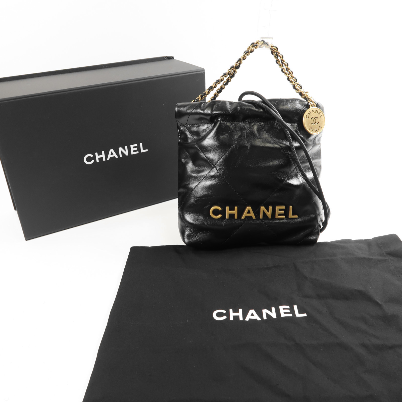 25C【CHANEL】SO BLACK ハート スウェード エナメル モカシン CHANEL CC GHW Mini C22 2Way Chain Shoulder Bag AS3980
