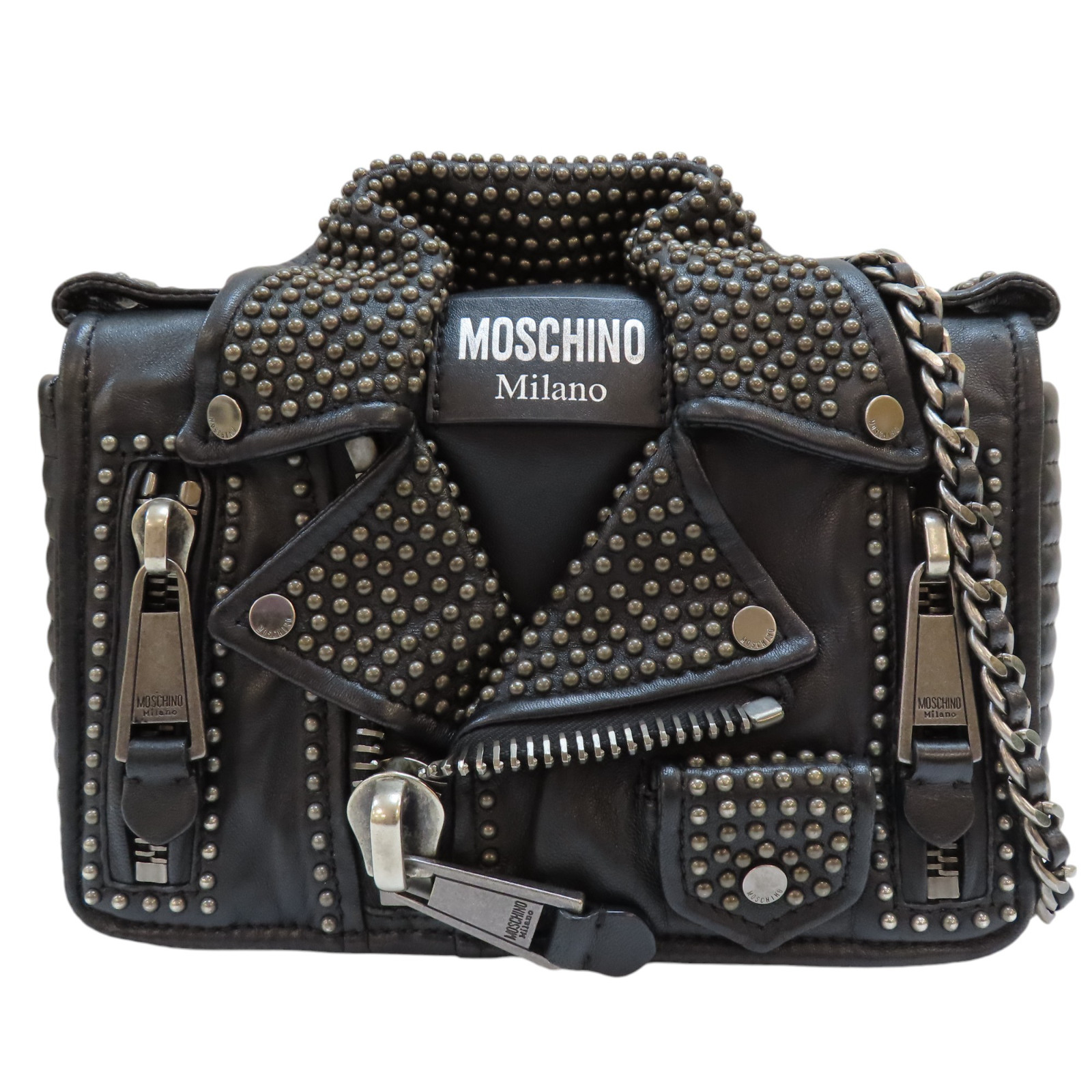 MOSCHINO Studded Biker Shoulder Bag Calfskin Black | eBay MOSCHINO Studded Biker Shoulder Bag Calfskin Black | eBay
