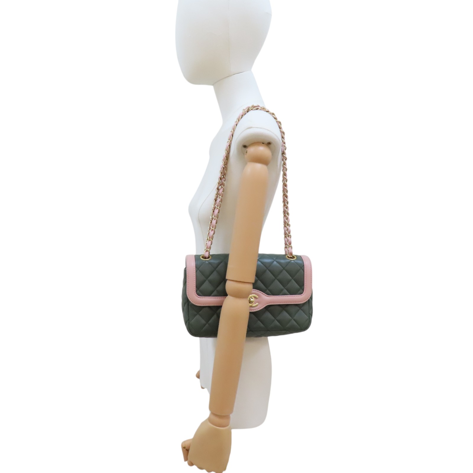 CHANEL Matelasse Coco Mark Shoulder Bag Green Pink Gold