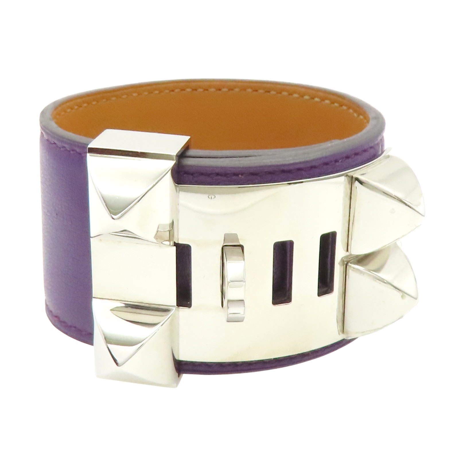 HERMES バングル purple color HERMES Collier de Chien cuff Bracelet Purple Leather Silver Plated