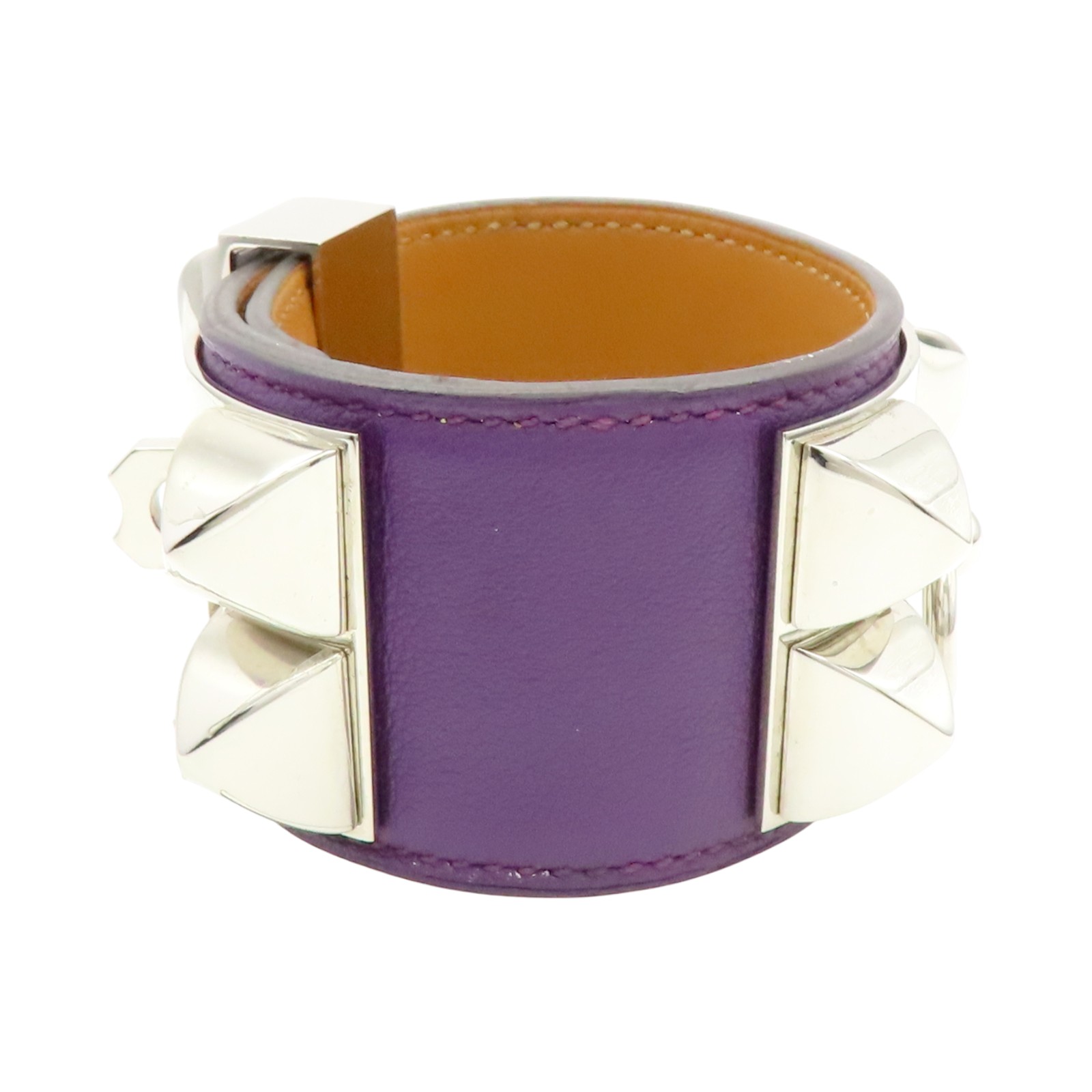 HERMES Collier de Chien cuff Bracelet Purple Leather Silver Plated