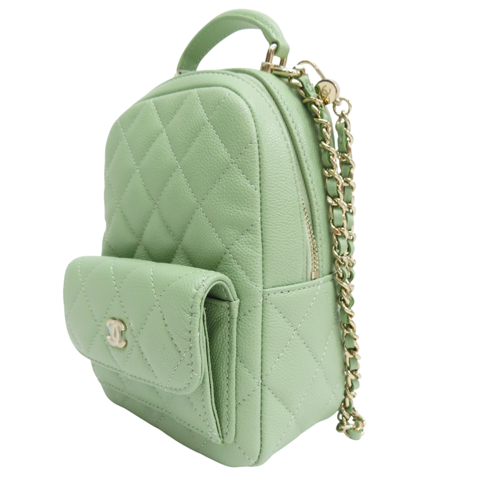 chanel mini backpack 2015 CHANEL CC Mini Classic Backpack Green Quilted Grained Calfskin Leather