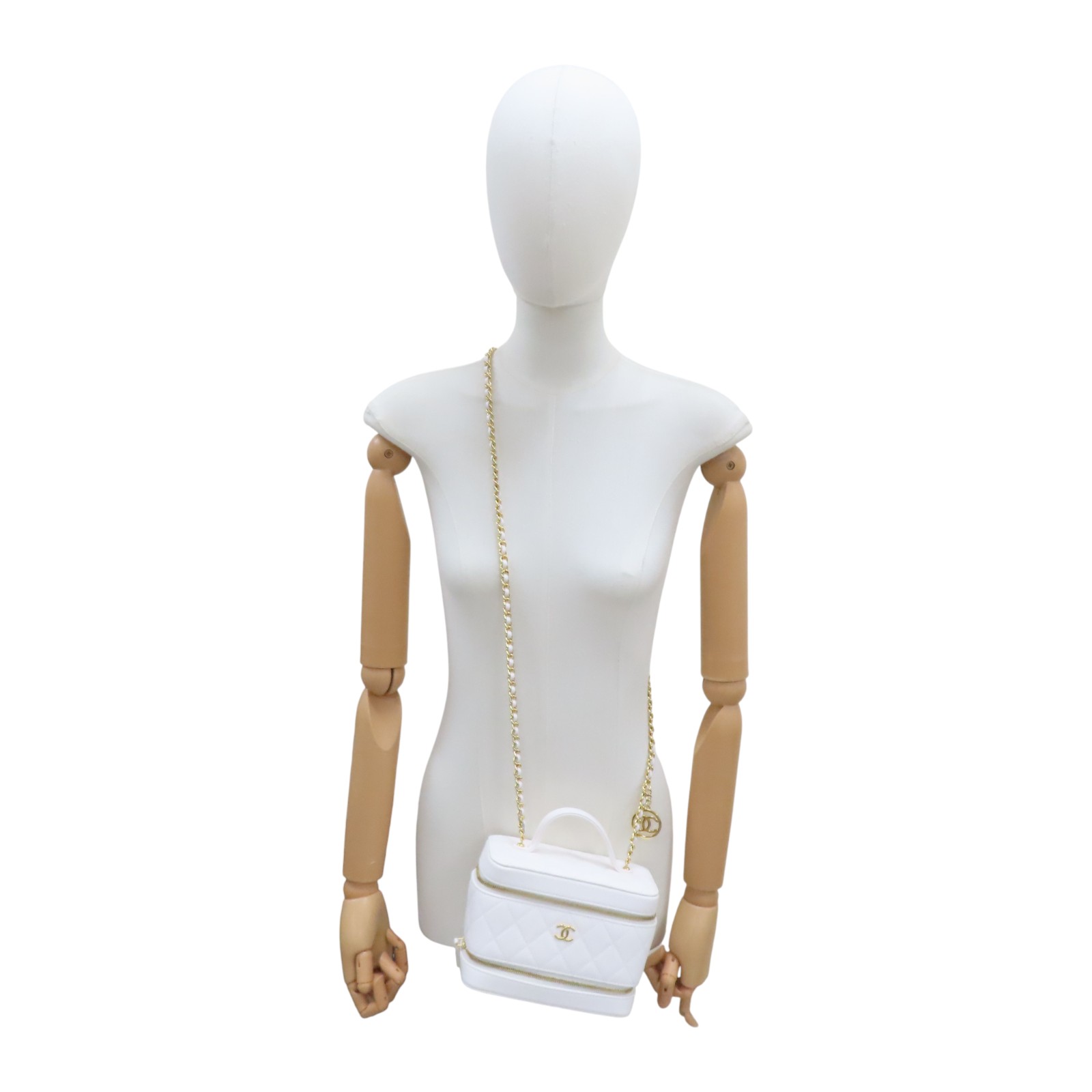 CHANEL Top Handle Vanity Case Shoulder Bag White Quilted Calfskin