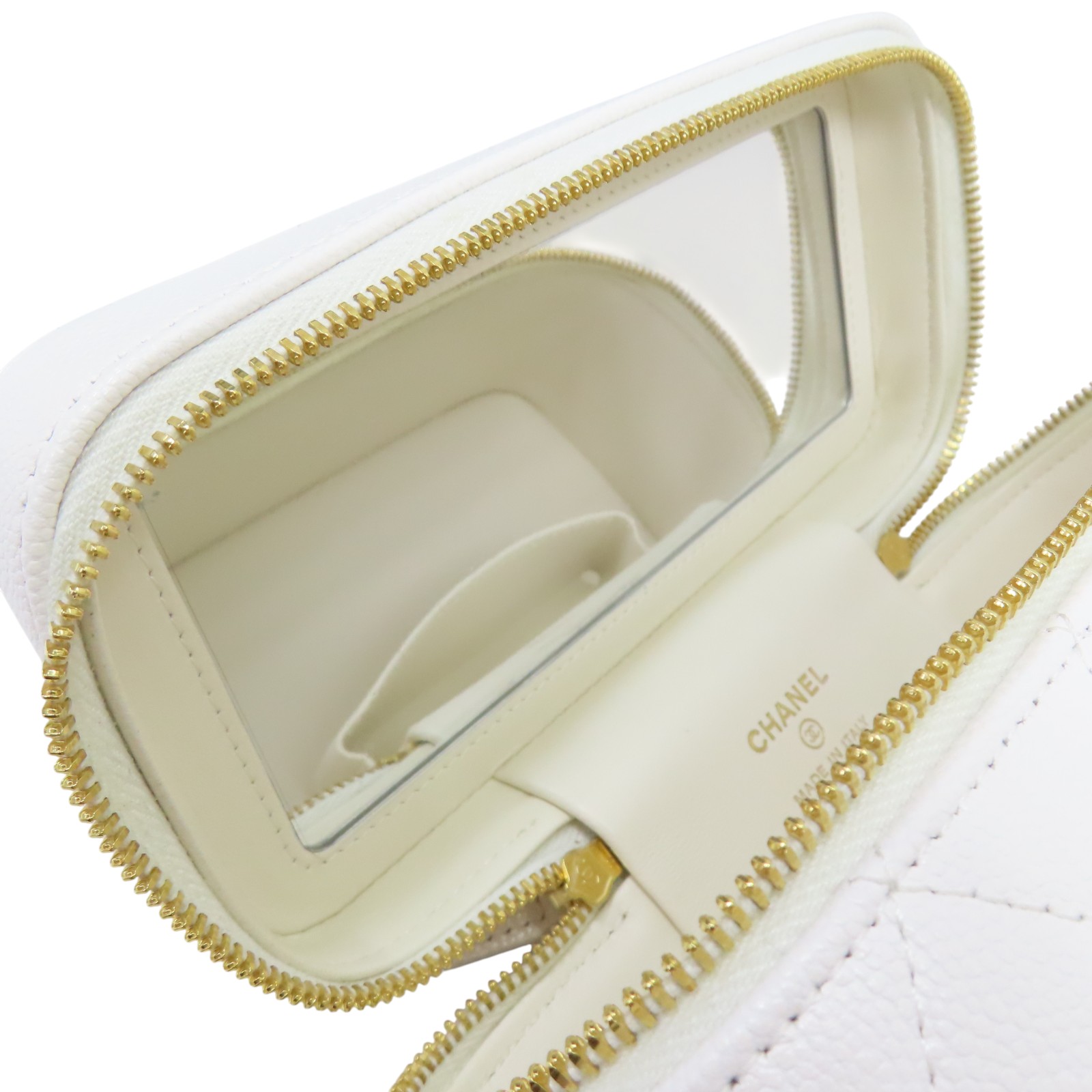 CHANEL Top Handle Vanity Case Shoulder Bag White Quilted Calfskin