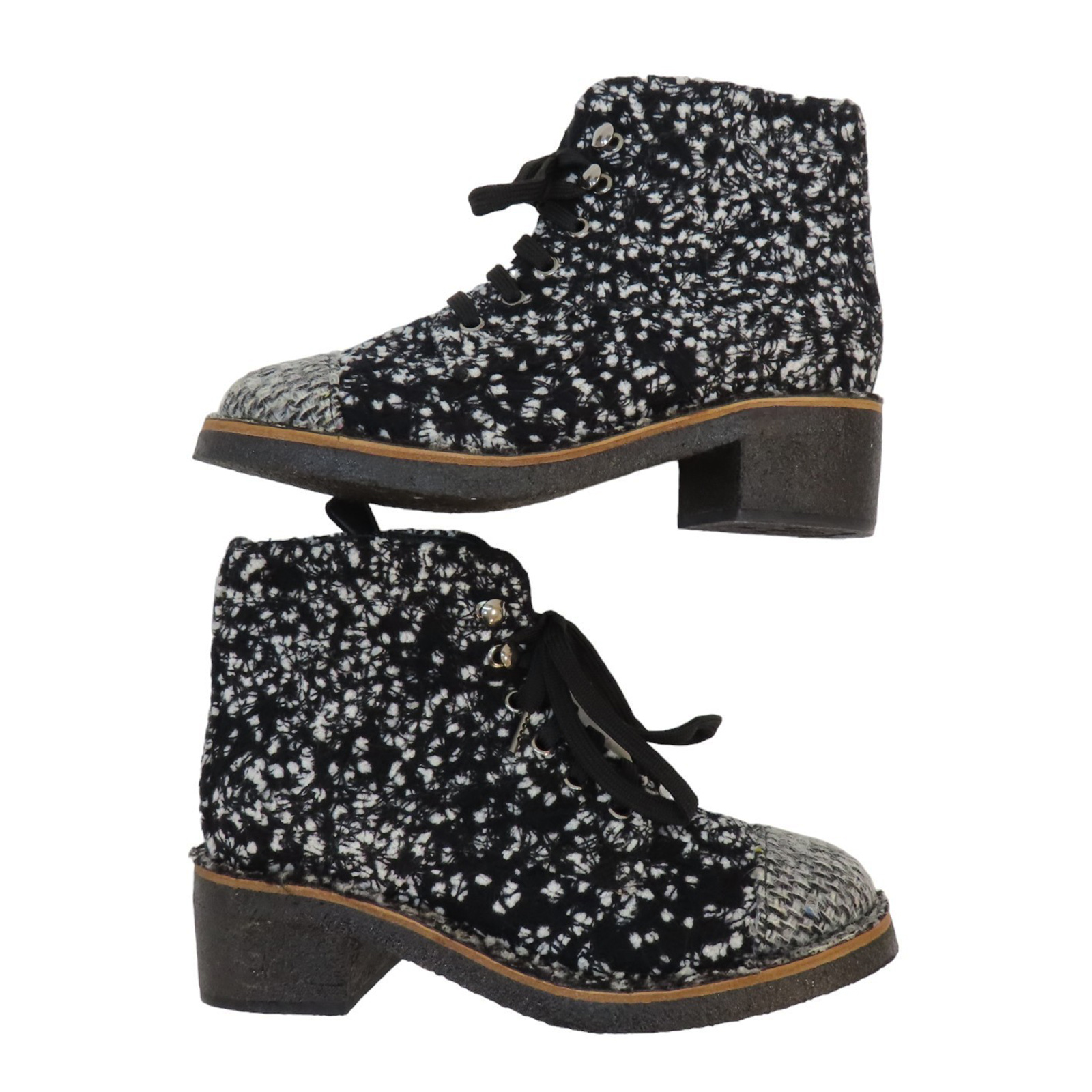 CHANEL Lace Up Cap Toe Ankle Boots Tweed Black White G30321