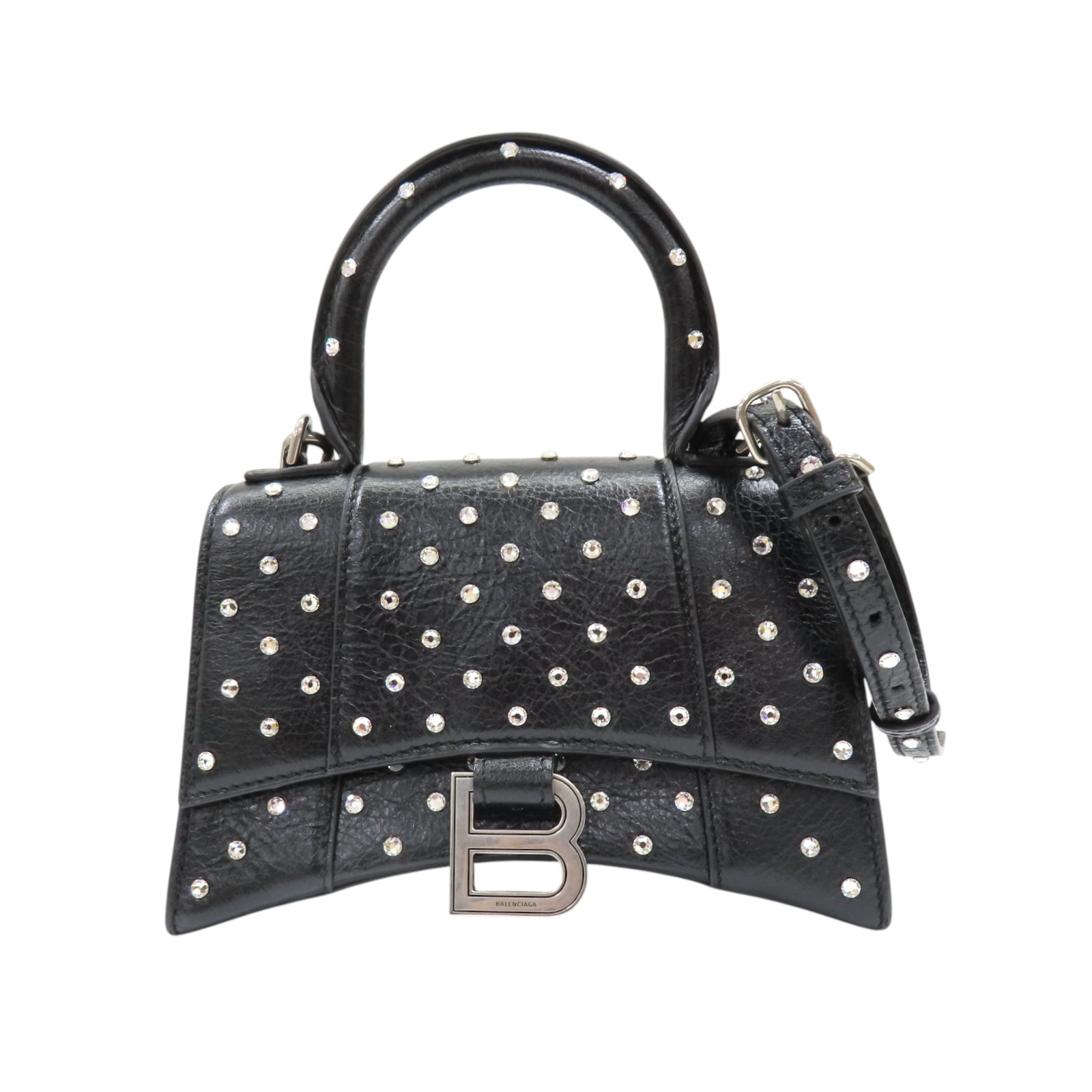 BALENCIAGA Strass Hourglass Shoulder Handbag Calfskin Black