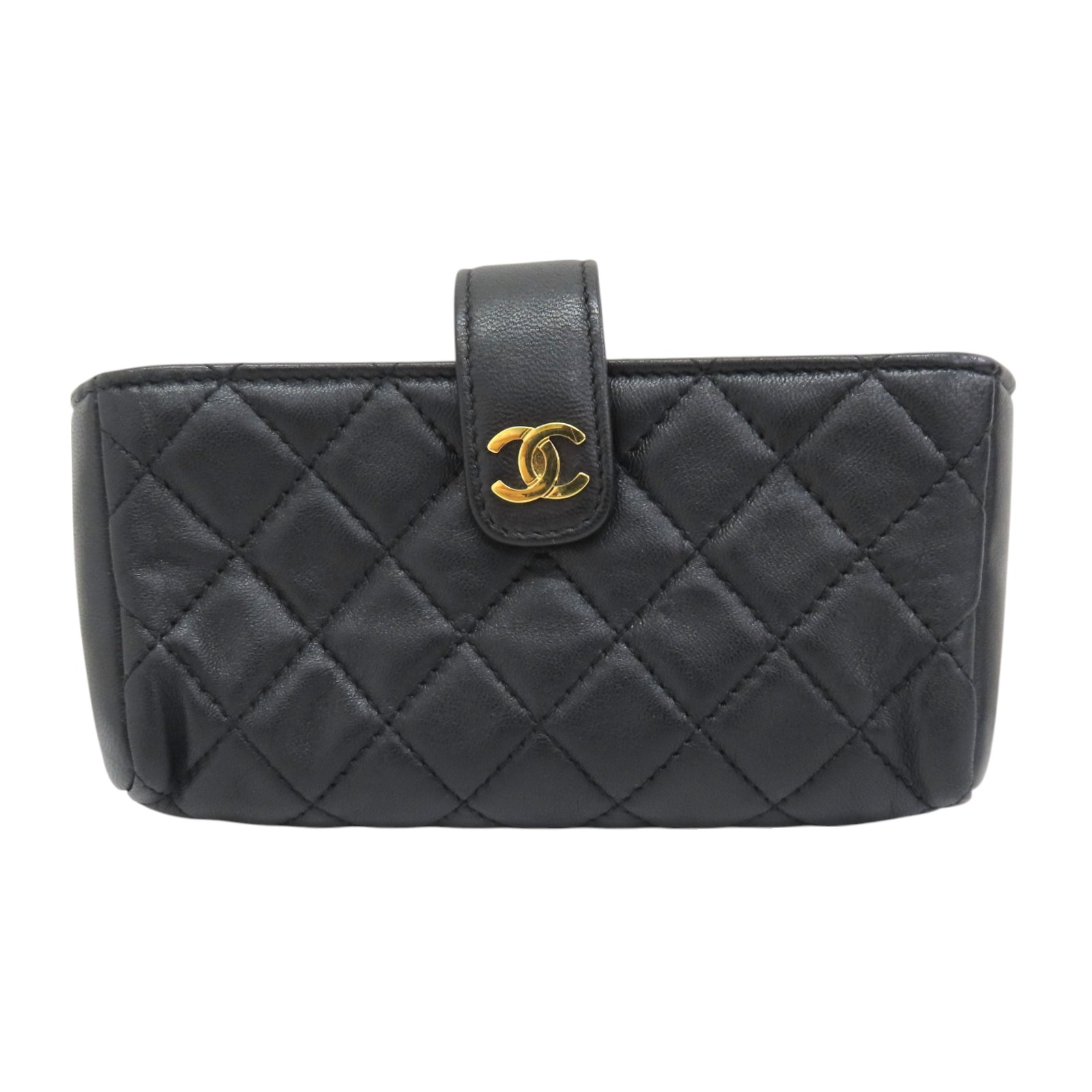 CHANEL Mini Phone Holder Clutch Bag Black Quilted Lambskin Leather
