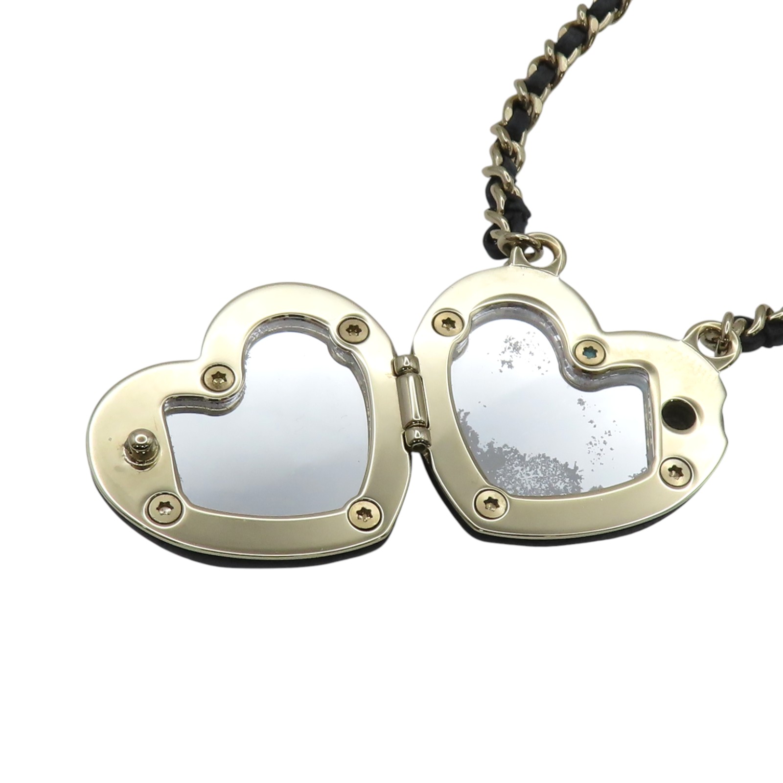 CHANEL CC Heart Mirror Locket Necklace Gold Metal Black Leather | eBay