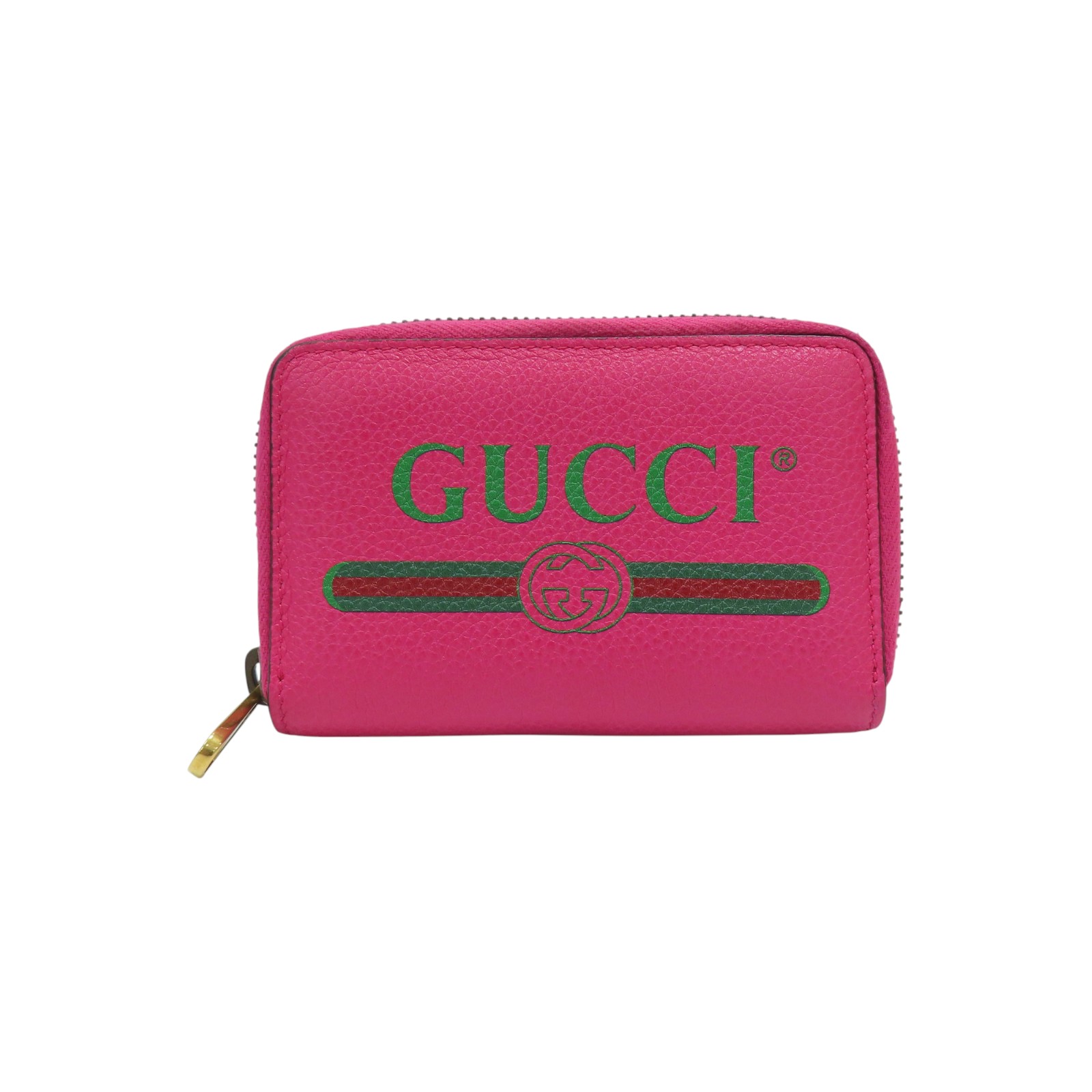 GUCCI Logo Zip Around Coin Card Case Grained Calfskin Pink Green