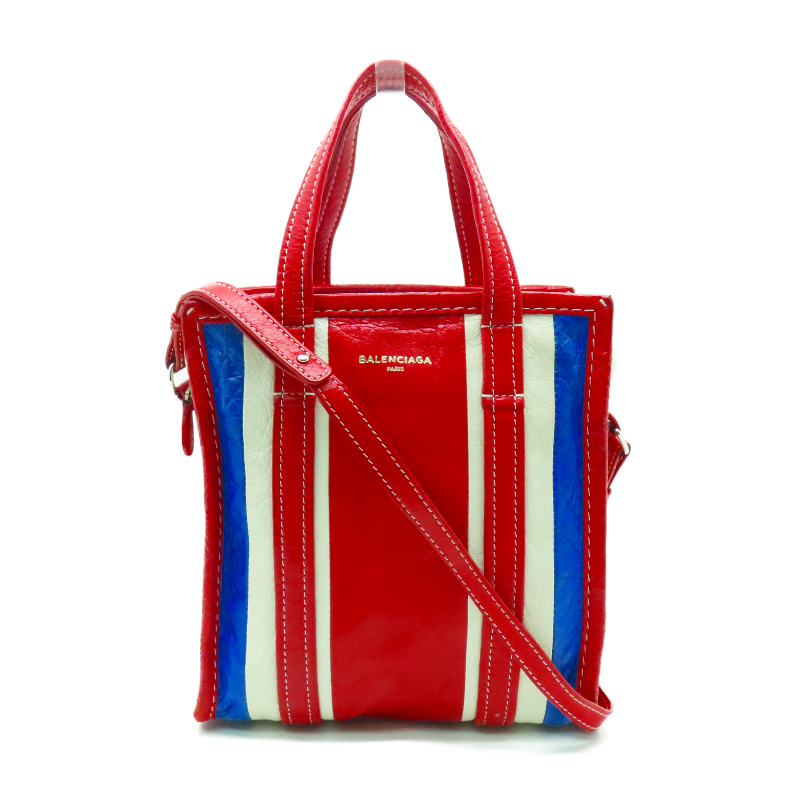 BALENCIAGA SHW Bazar 2 Way Shoulder Bag Calfskin Leather Red/White/ Blue