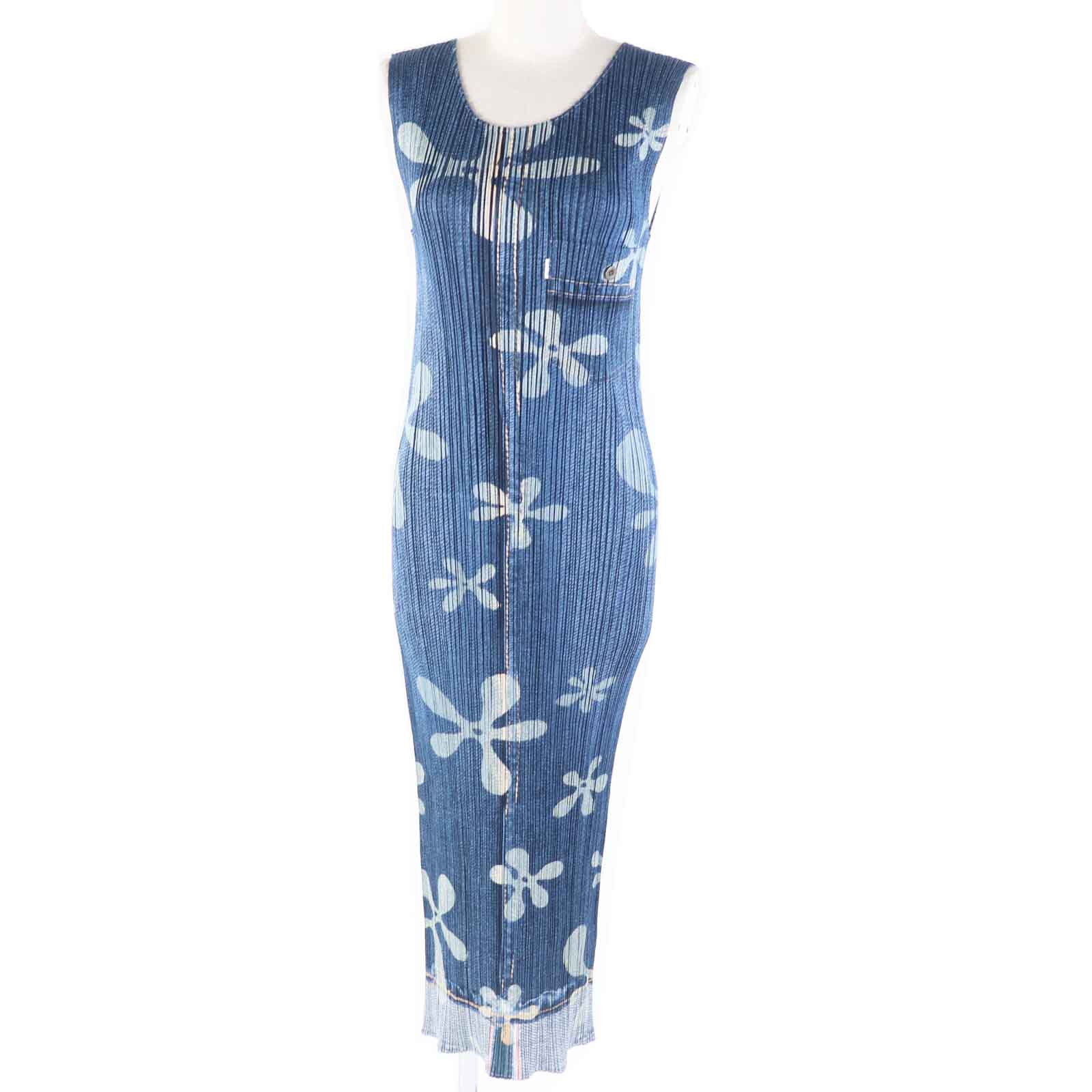 Excellent PLEATS PLEASE one piece Denim transfer floral Indigo