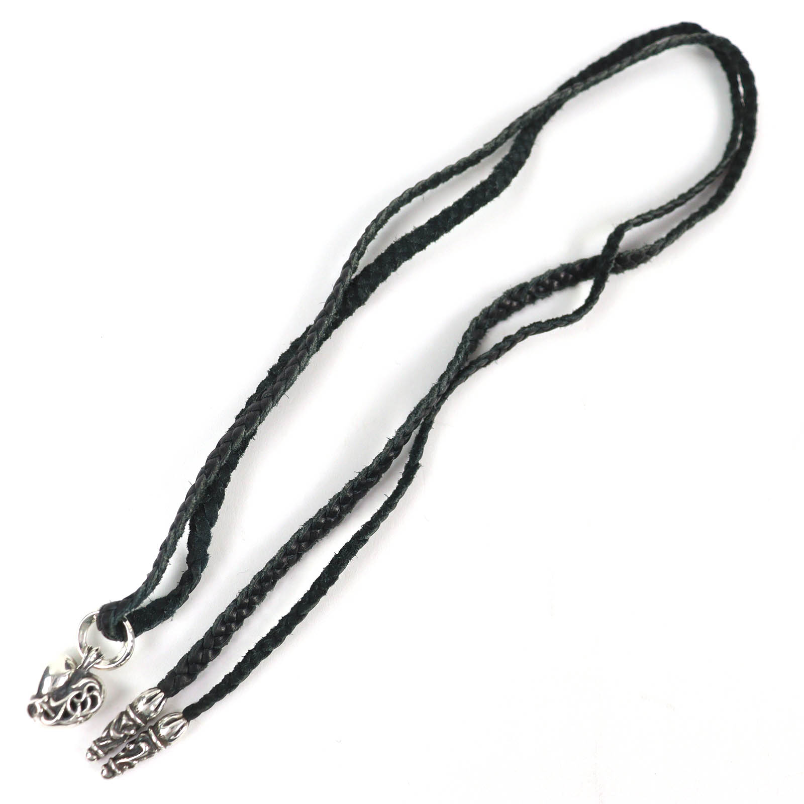 Excellent CHROME HEARTS Heart Charm Leather Braid Necklace Old