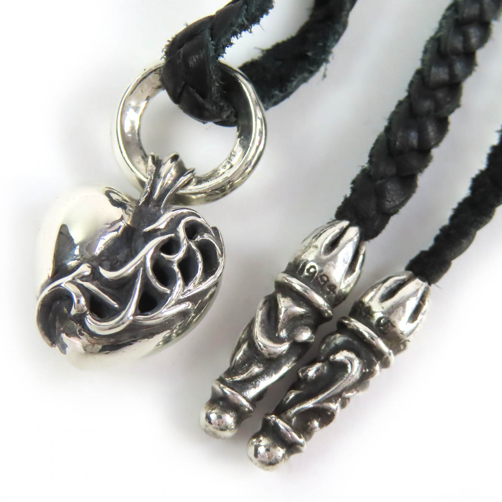 Excellent CHROME HEARTS Heart Charm Leather Braid Necklace Old