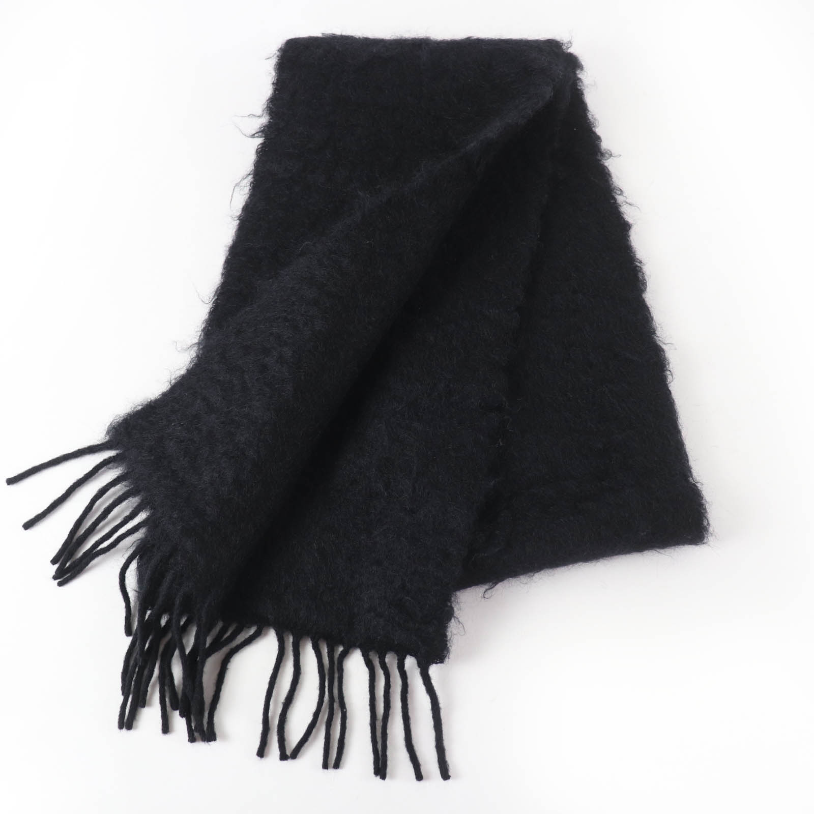 Great LOEWE Scarf Anagram leather patch with fringe black mohair
